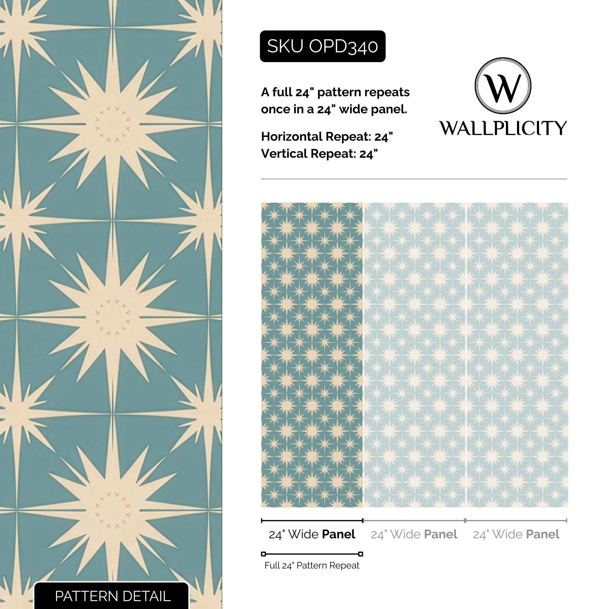 Starburst Teal wallpaper pattern detail and repeat size