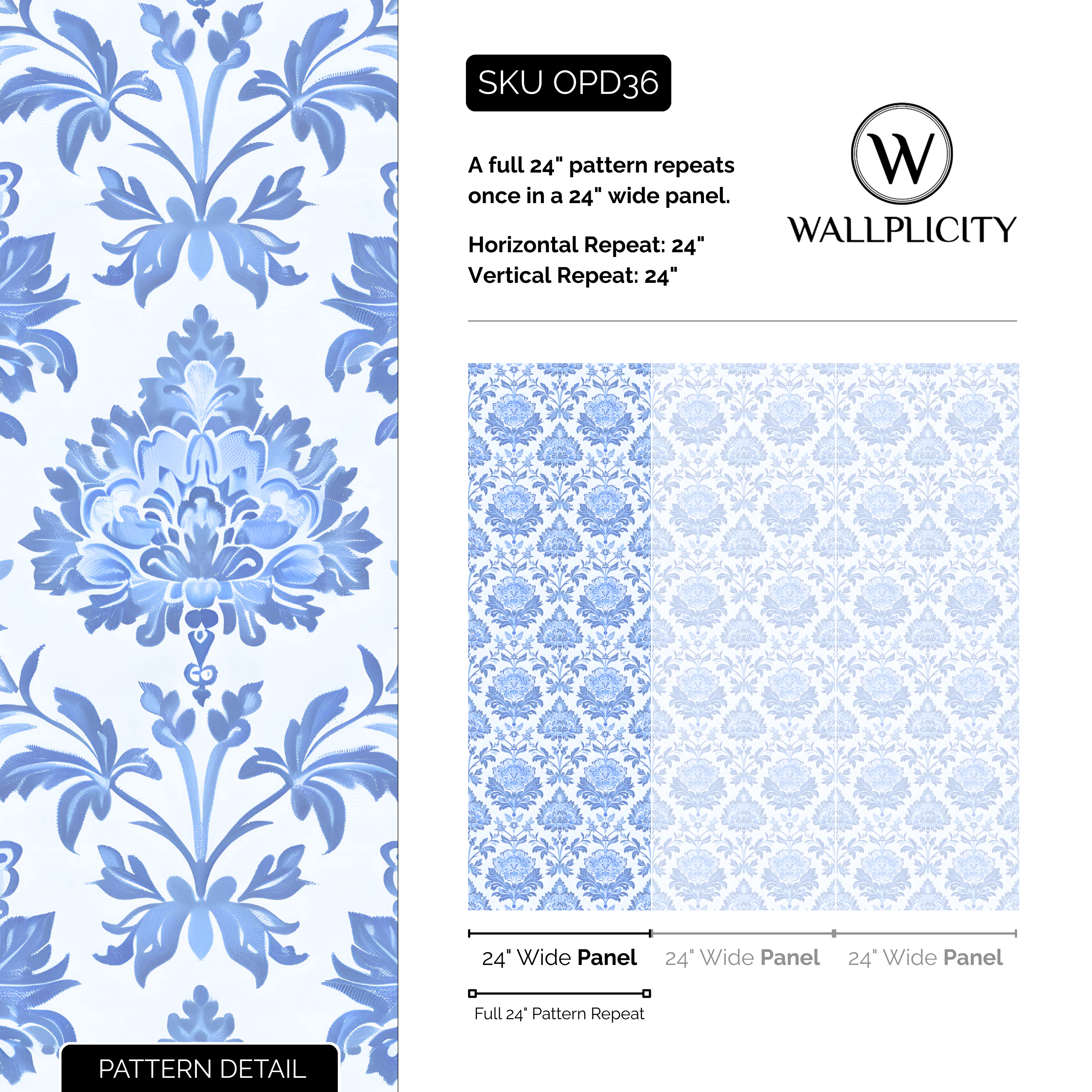 Windsor Damask wallpaper pattern detail and repeat size