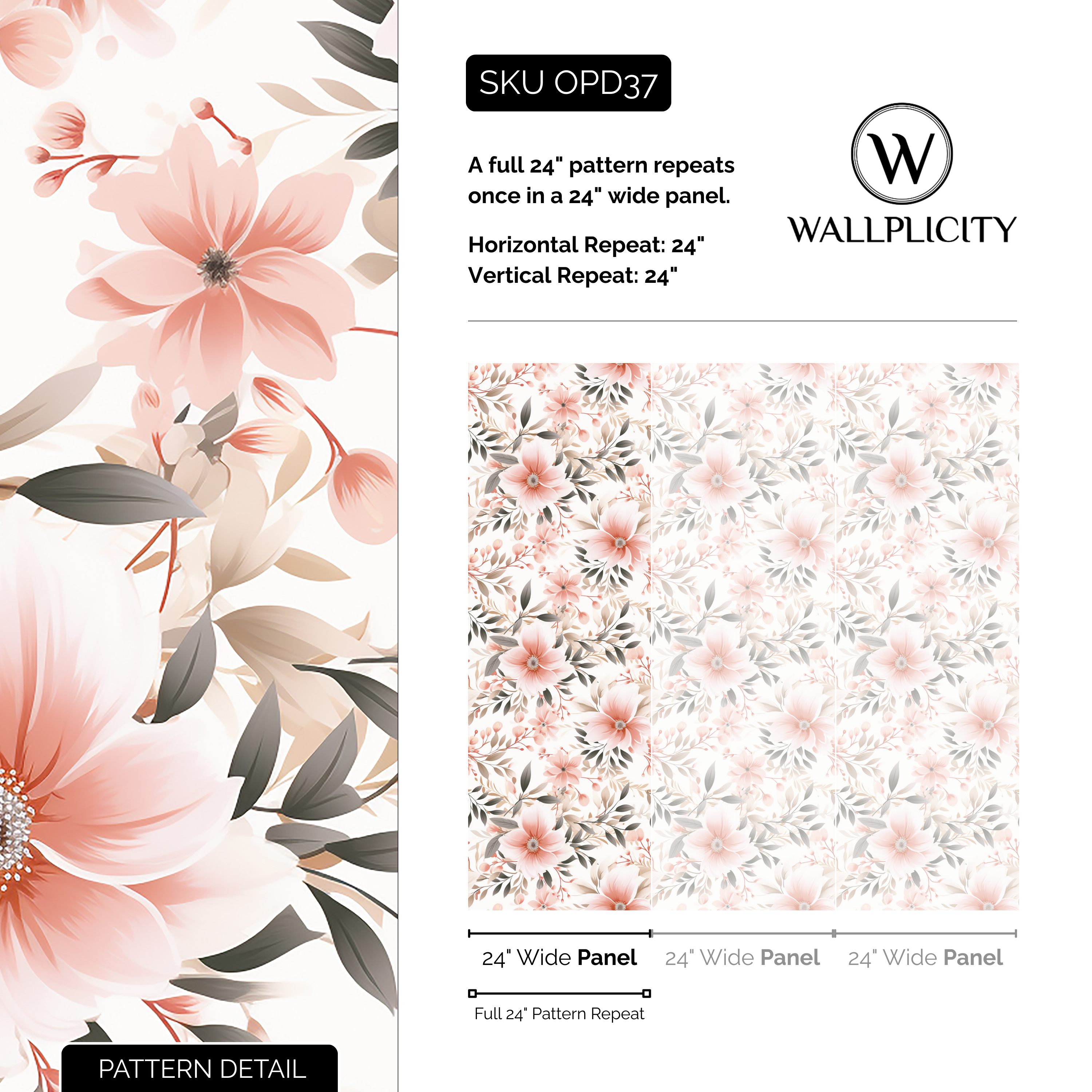 Blush Botanica wallpaper pattern detail and repeat size