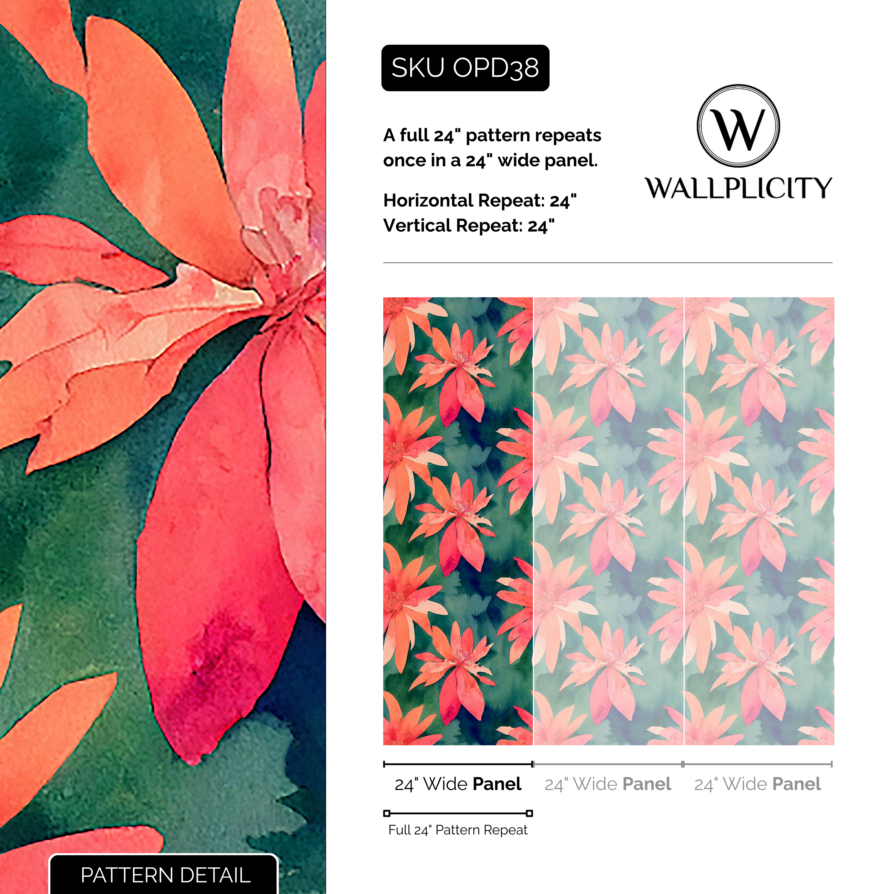 Island Bloom wallpaper pattern detail and repeat size