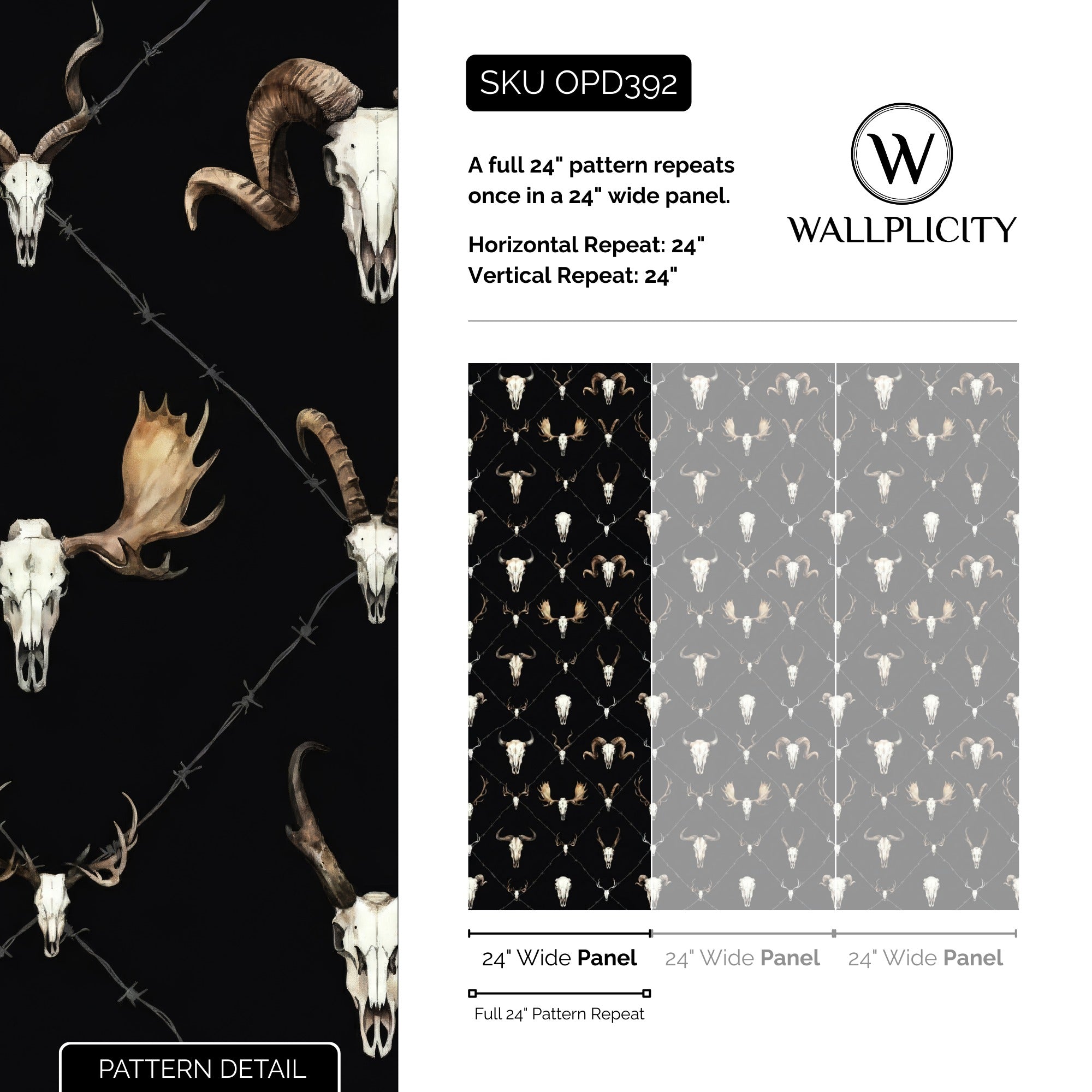 Outlaw wallpaper pattern detail and repeat size