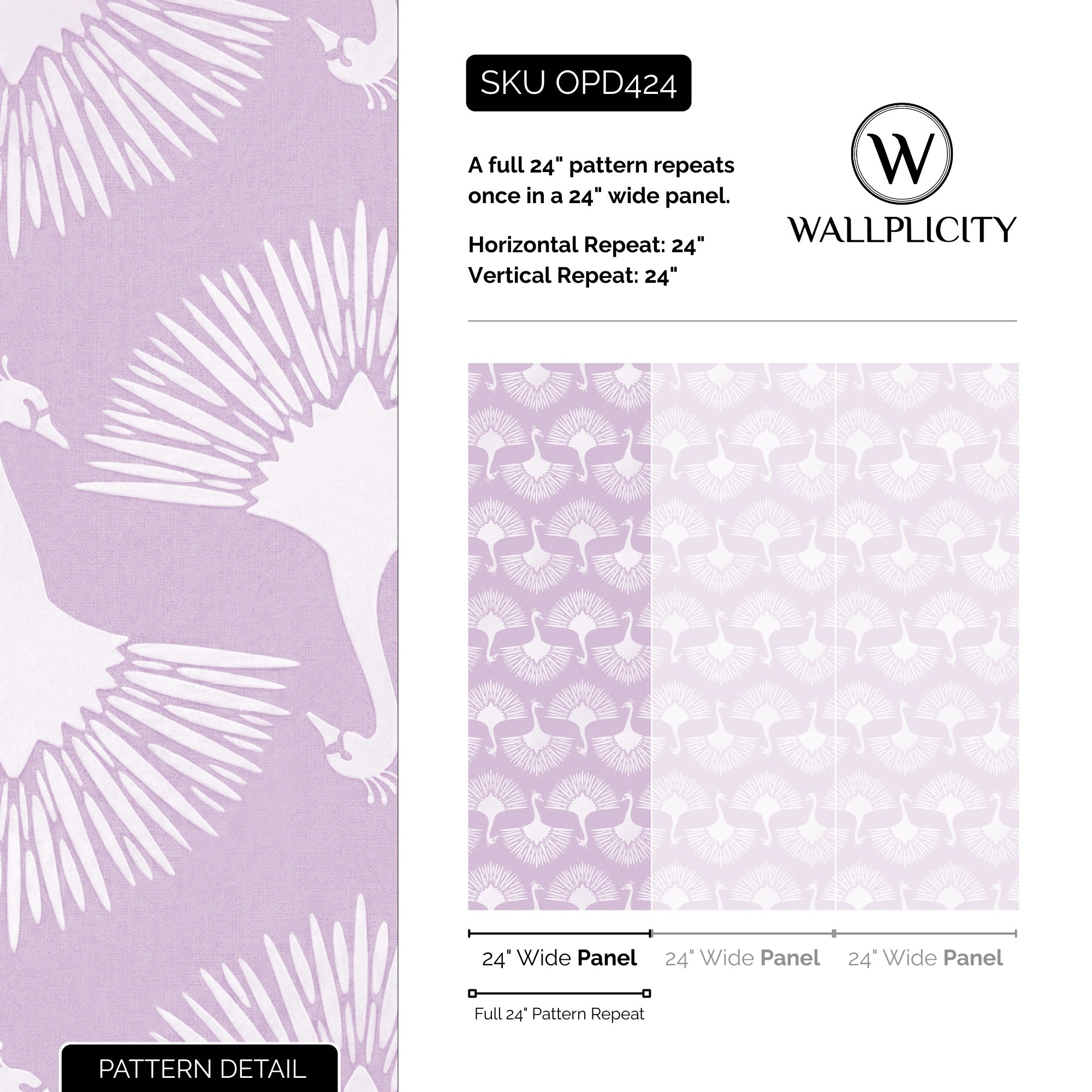 Lilac Plume wallpaper pattern detail and repeat size
