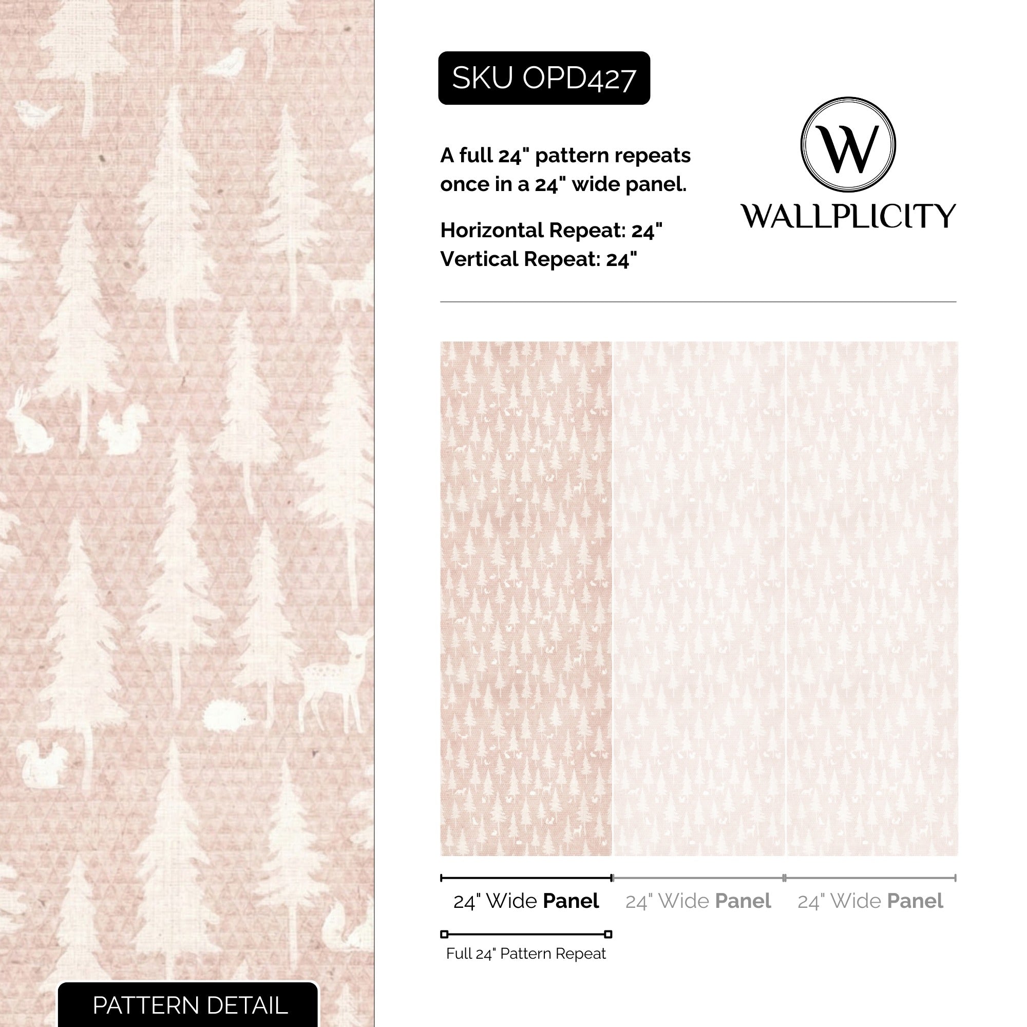 Blush Woodland wallpaper pattern detail and repeat size