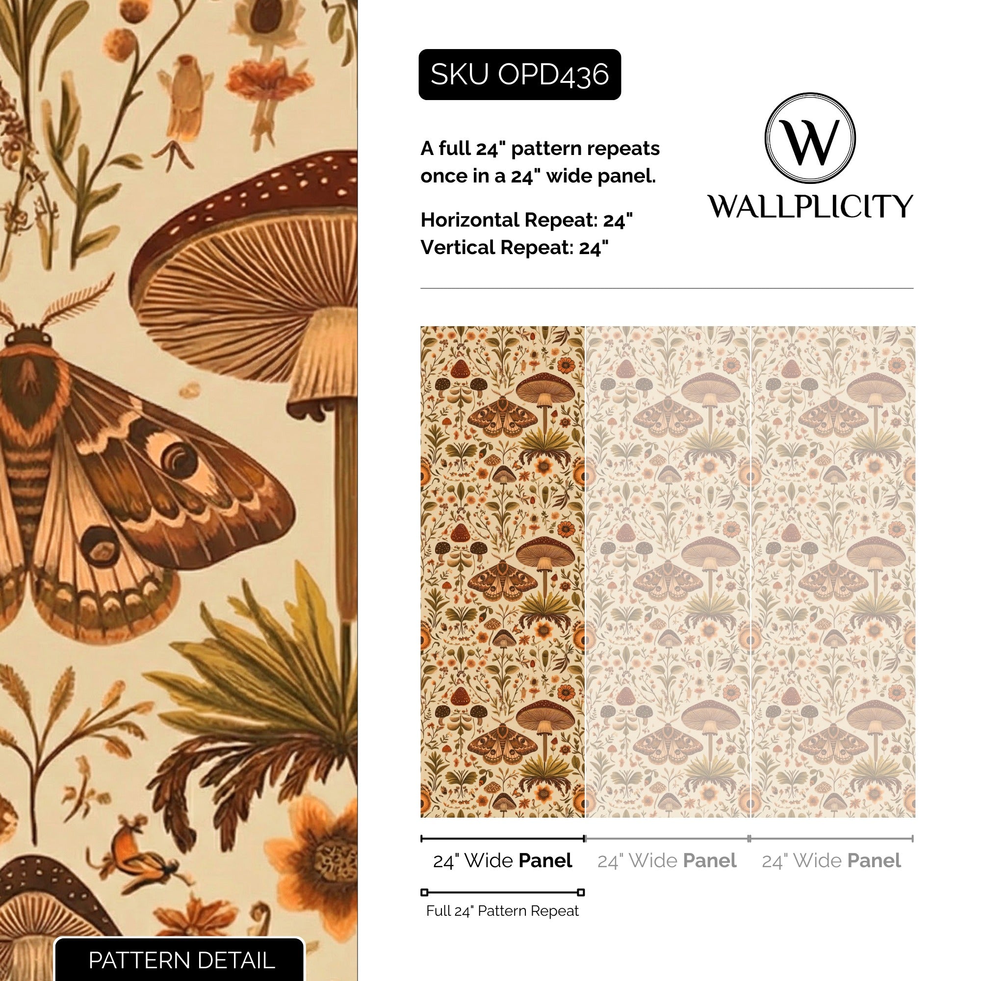 Moth & Mushroom wallpaper pattern detail and repeat size