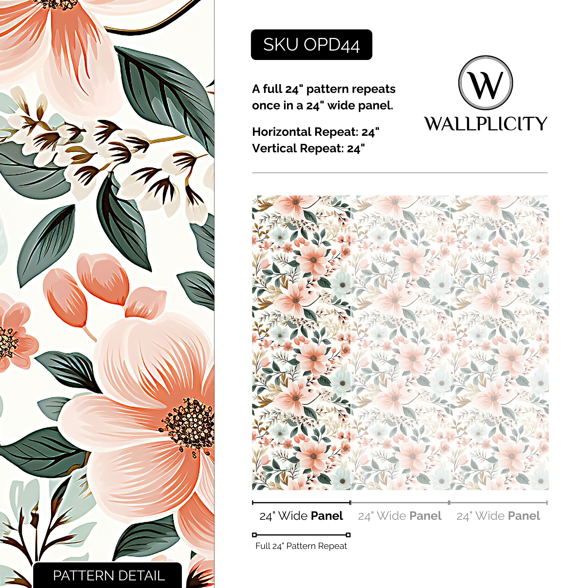 Peach Orchard wallpaper pattern detail and repeat size