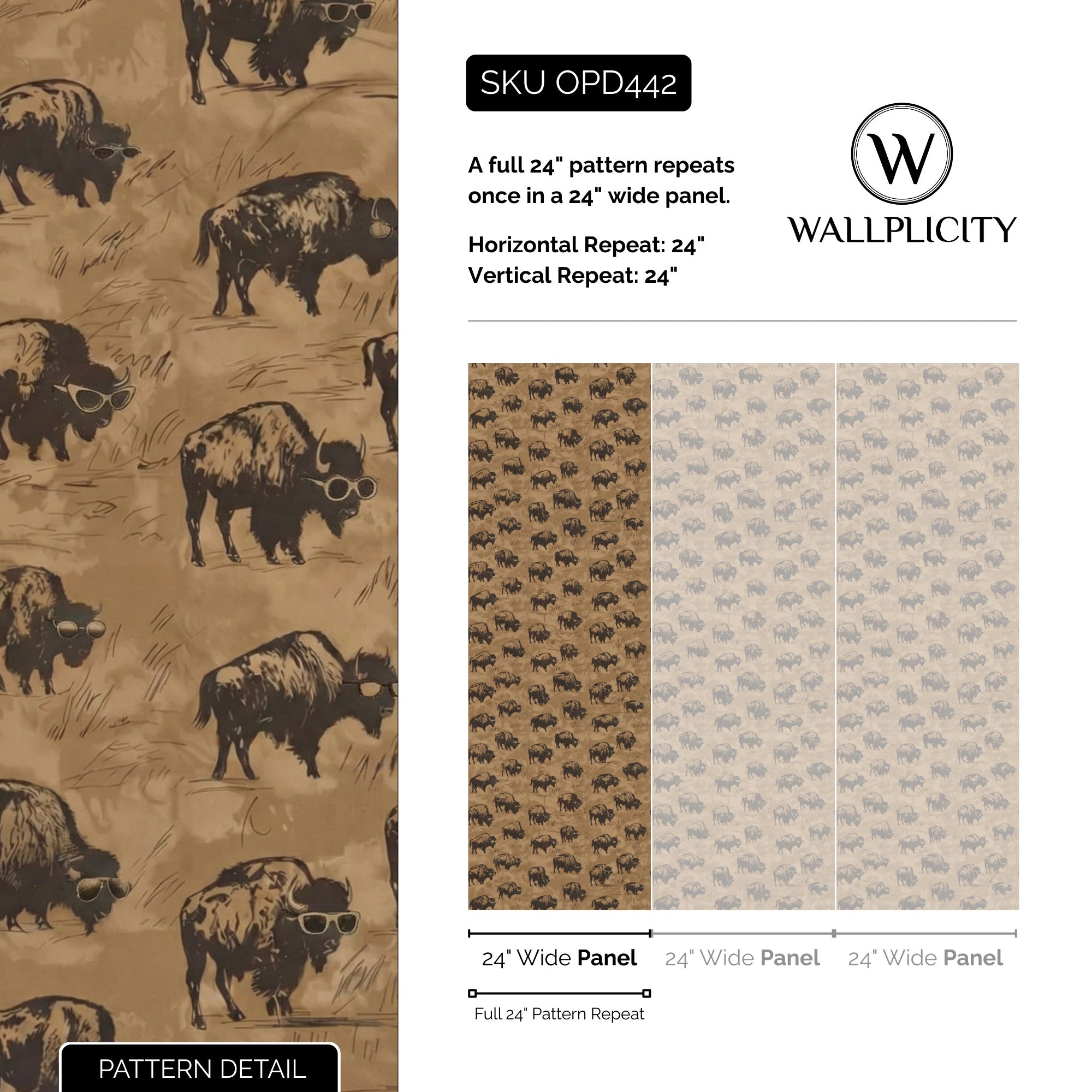 Shady Buffalo wallpaper pattern detail and repeat size
