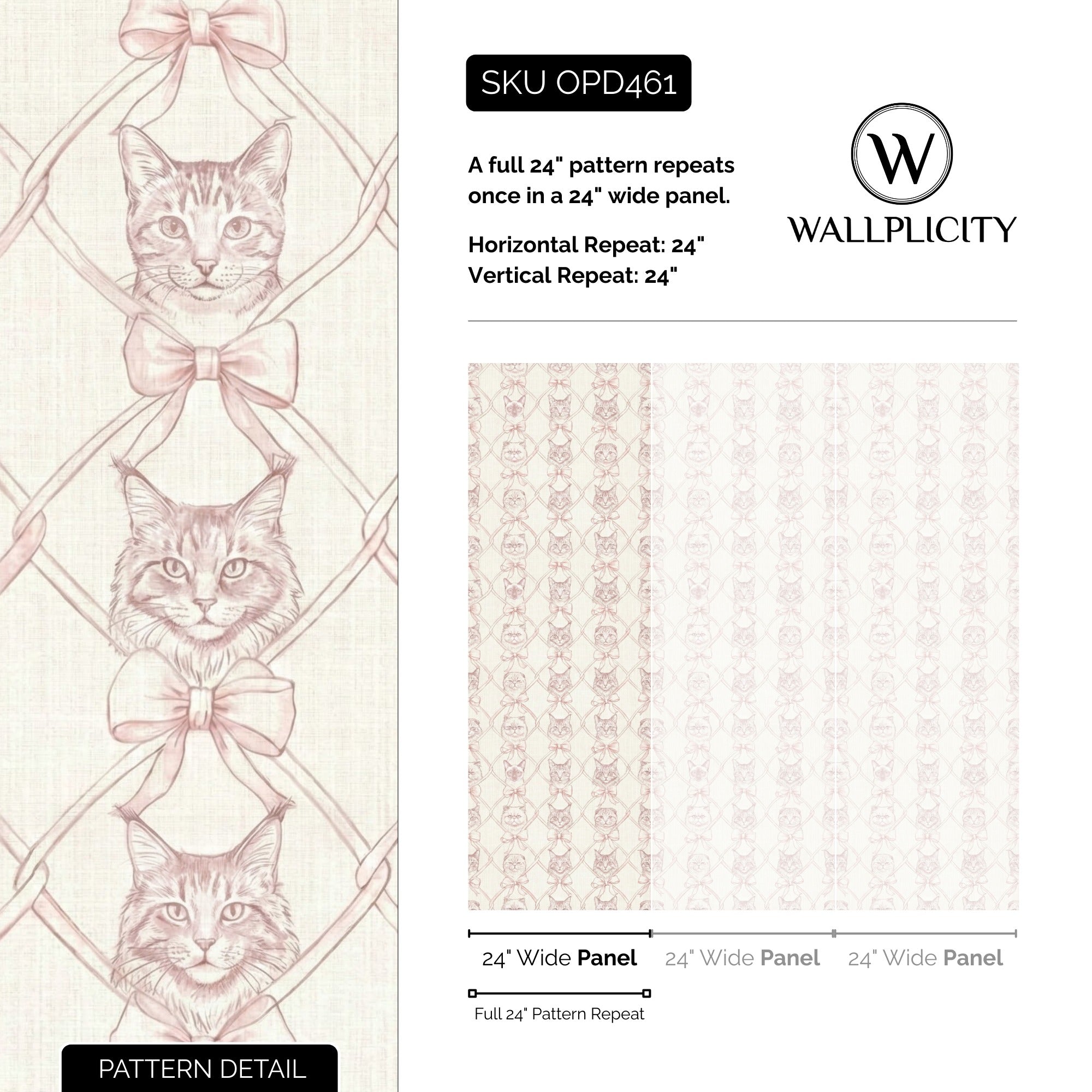 Kitty Bow wallpaper pattern detail and repeat size