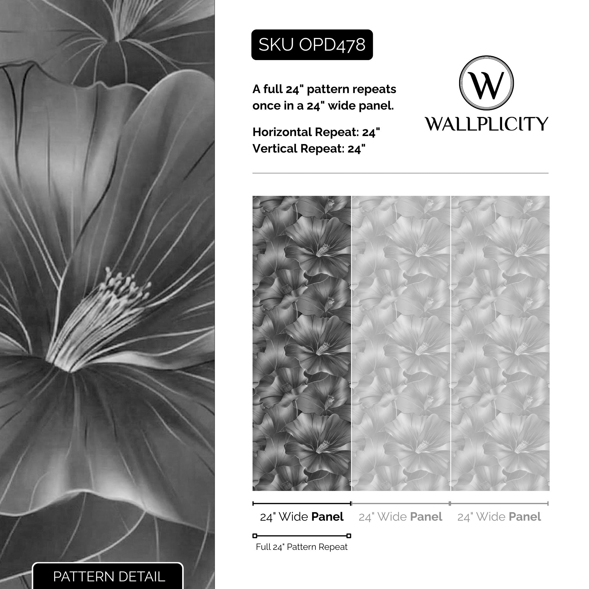 Monochrome Bloom wallpaper pattern detail and repeat size