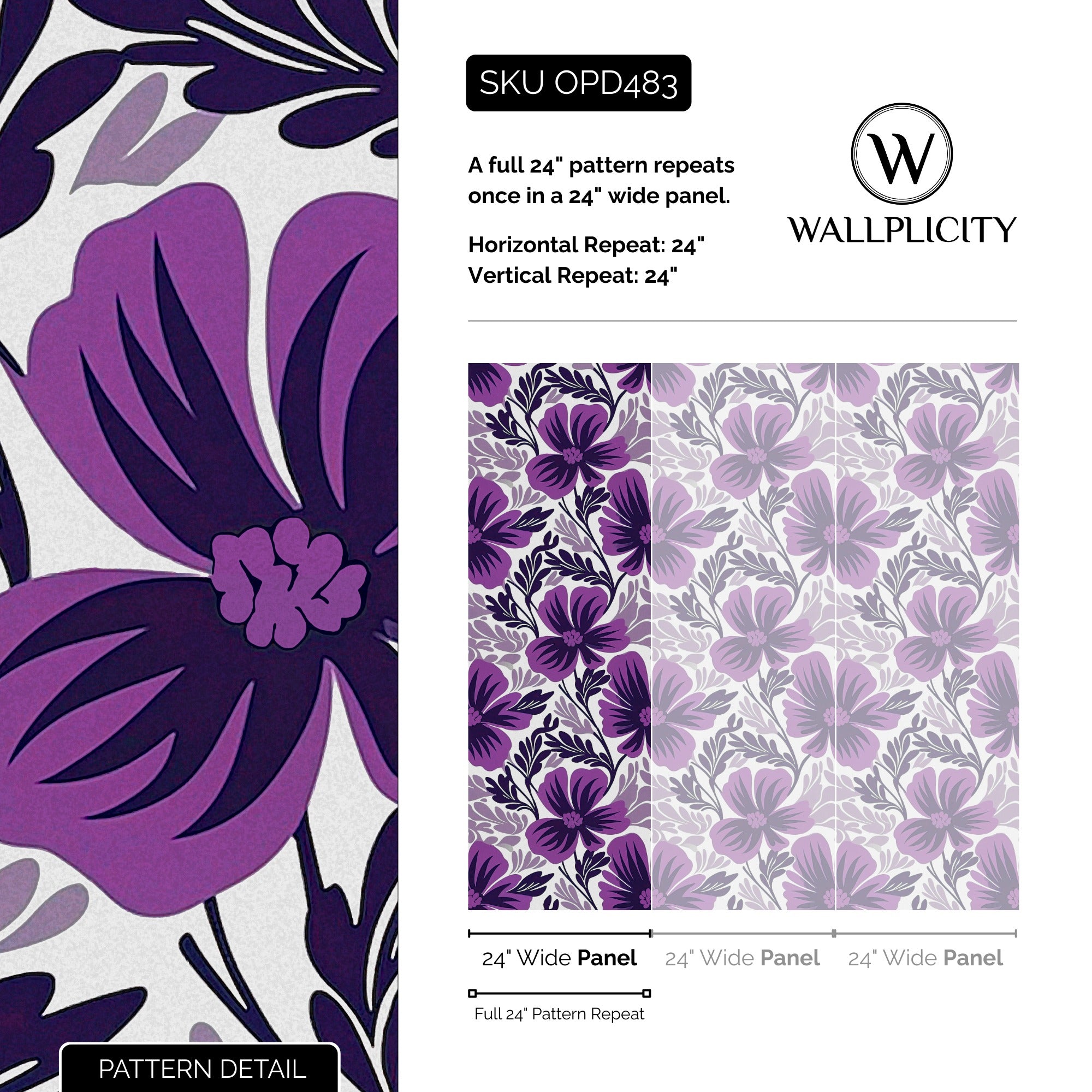 Purple Paradise wallpaper pattern detail and repeat size