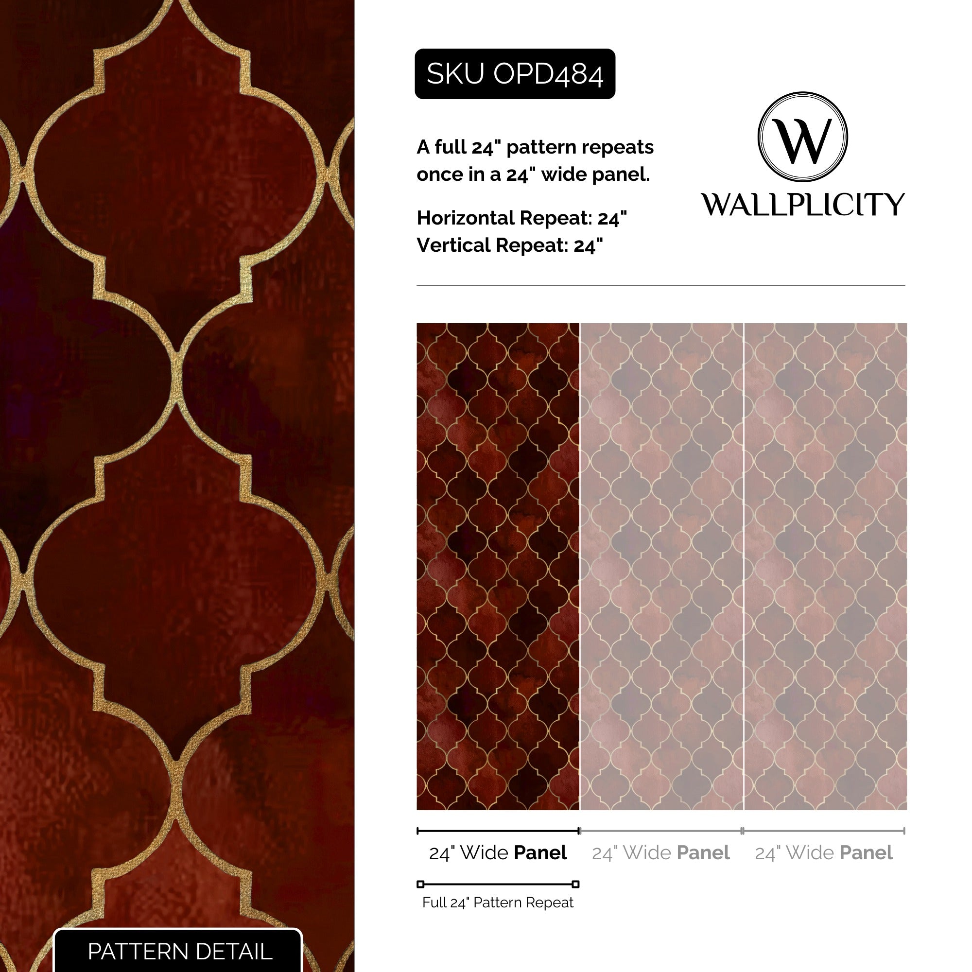 Ruby Trellis wallpaper pattern detail and repeat size