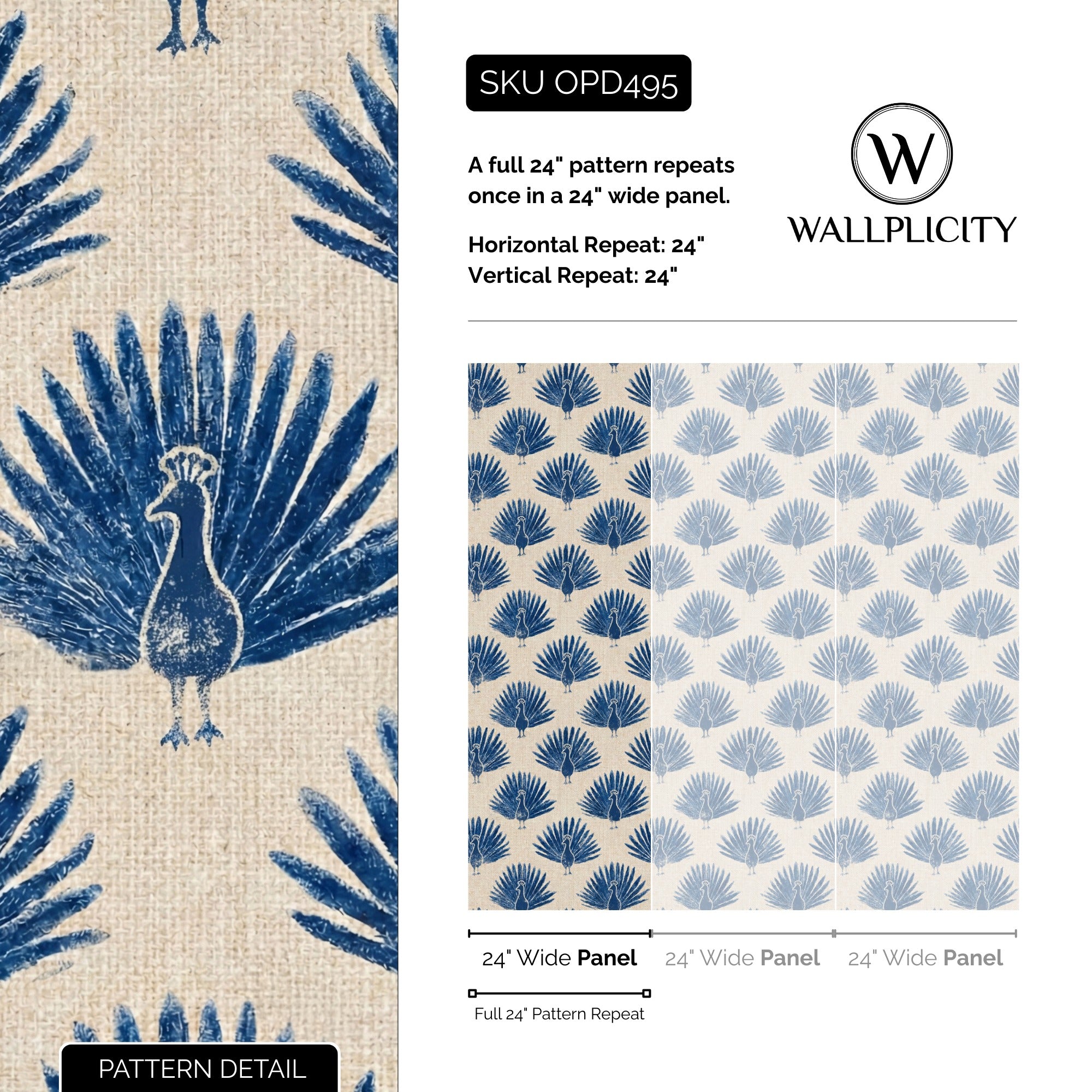 Linen Peacock wallpaper pattern detail and repeat size