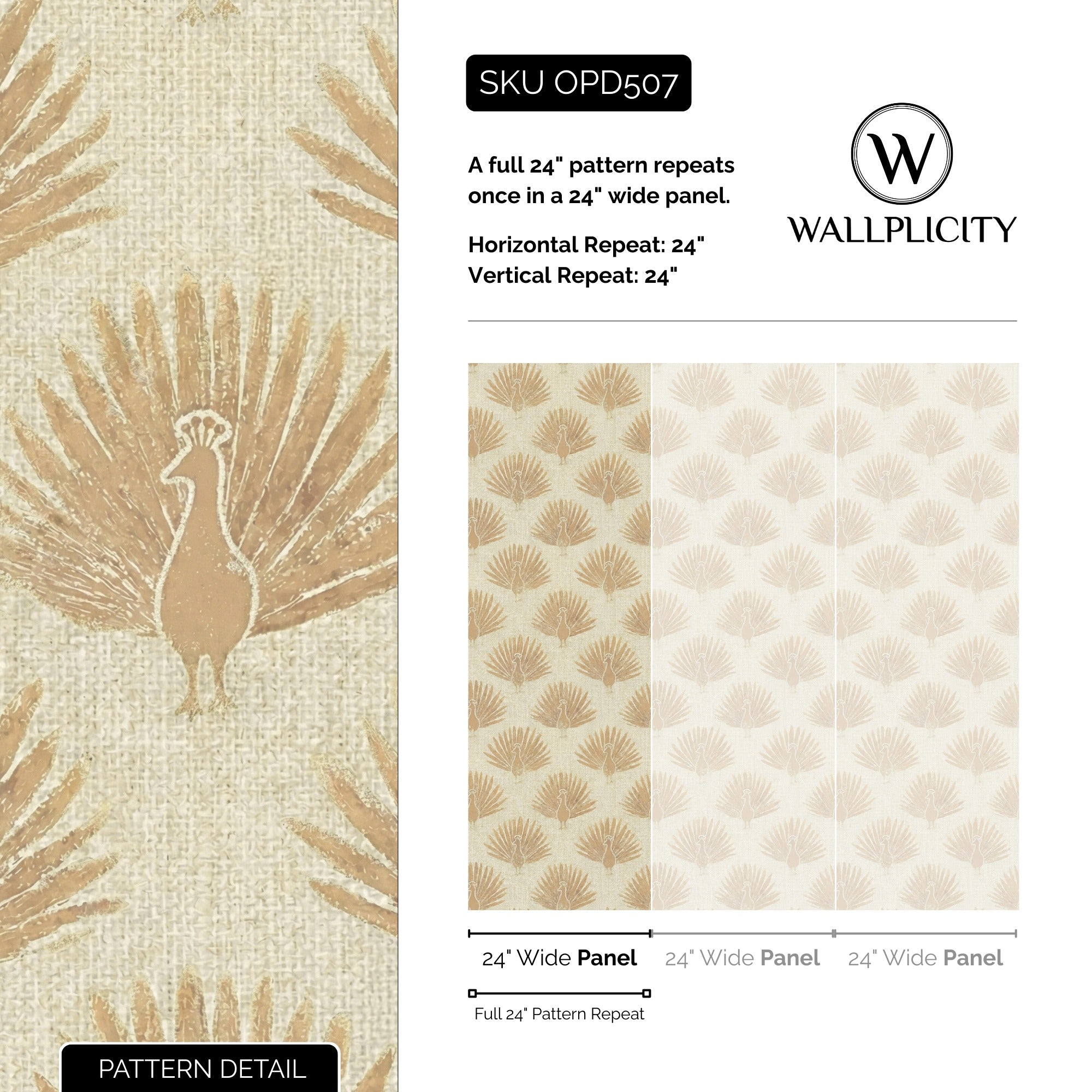 Golden Peacock wallpaper pattern detail and repeat size