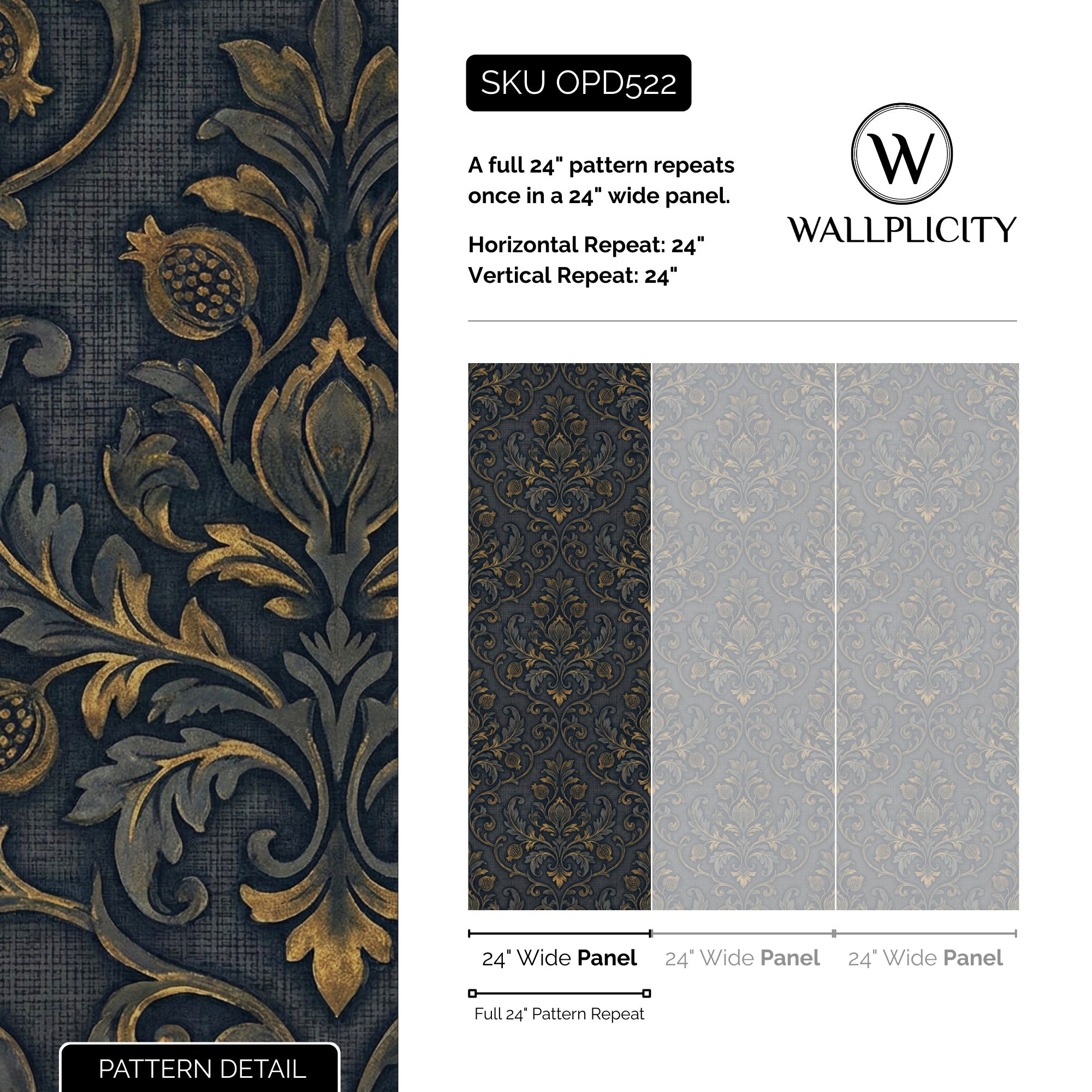 Midnight Damask wallpaper pattern detail and repeat size