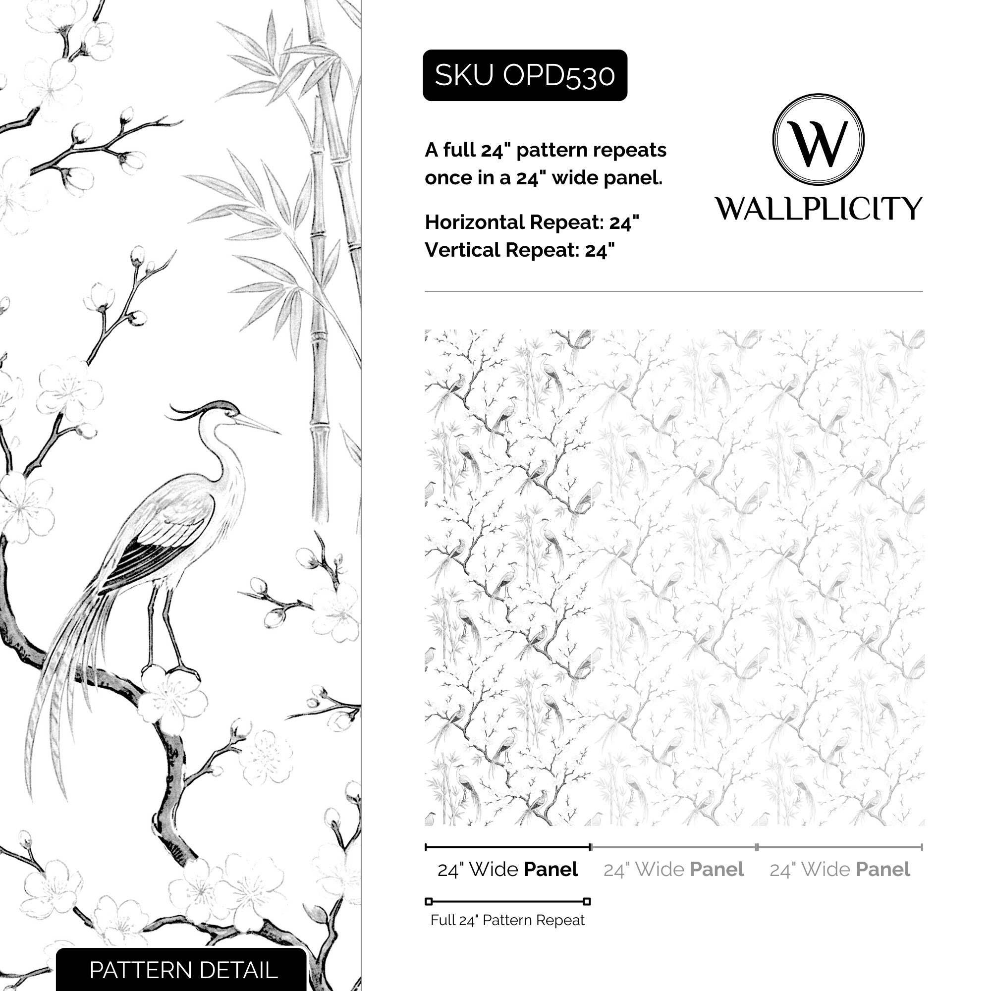 Ink Crane wallpaper pattern detail and repeat size