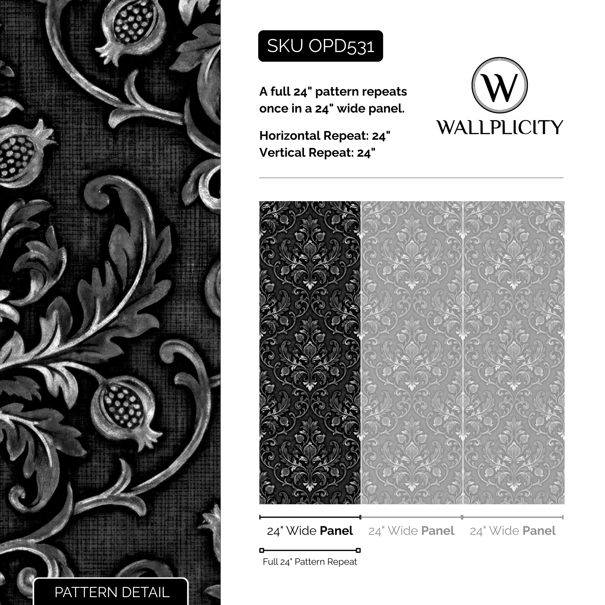 Sterling Gothic wallpaper pattern detail and repeat size