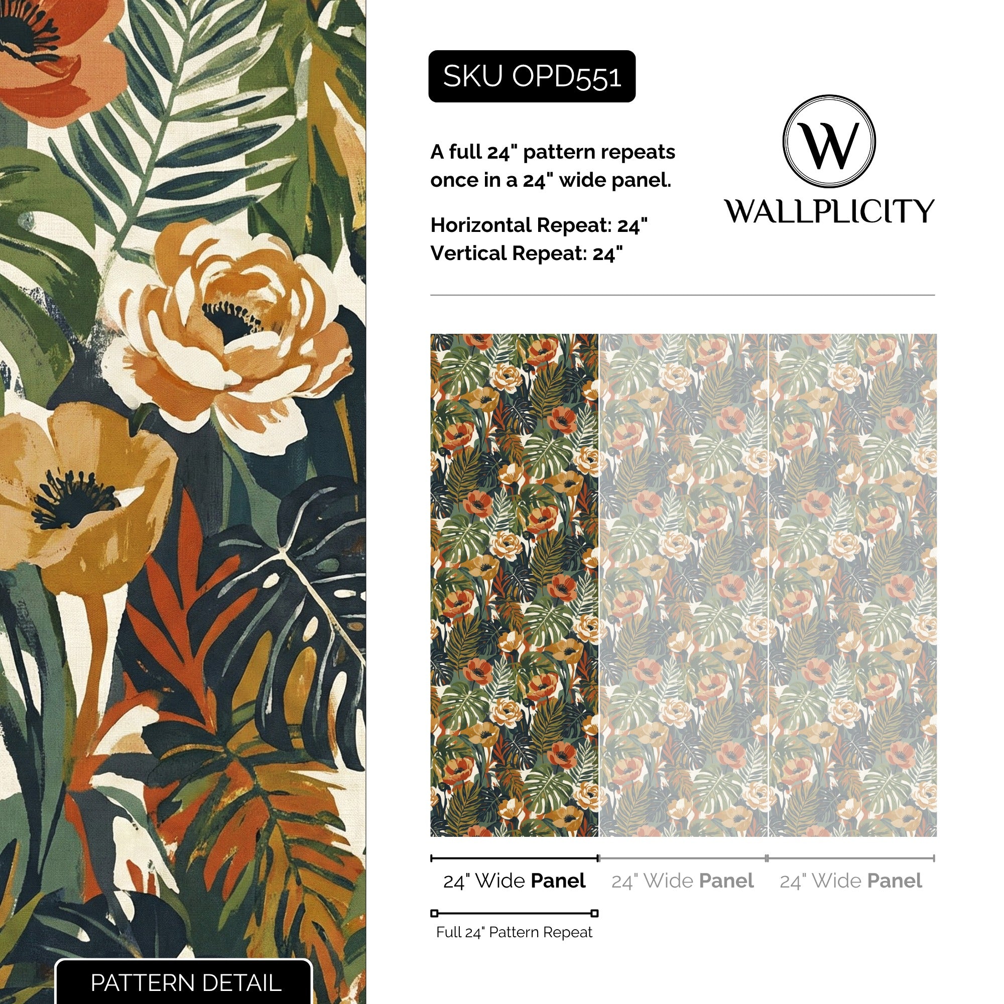 Boho Tropics wallpaper pattern detail and repeat size
