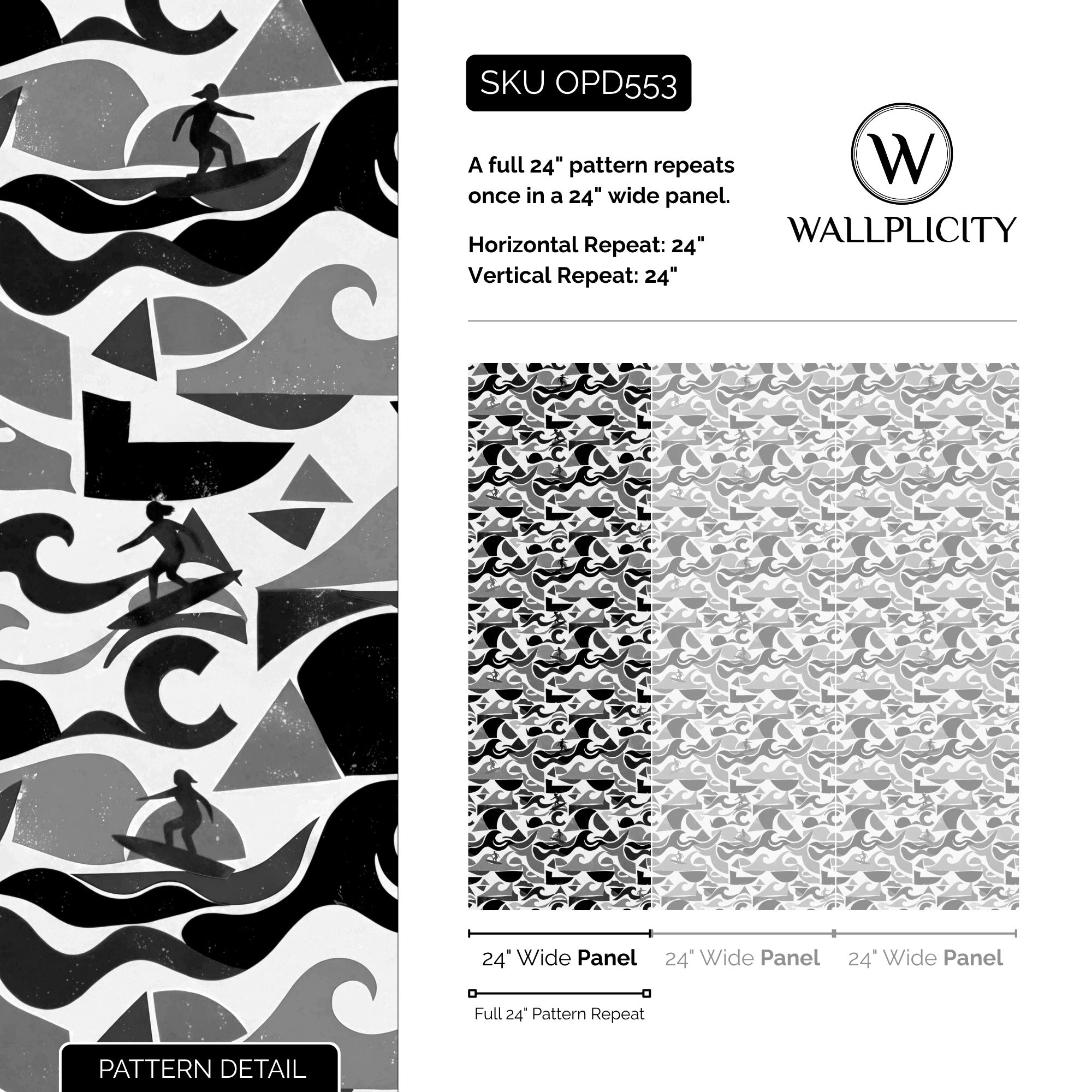 Monochrome Surf wallpaper pattern detail and repeat size
