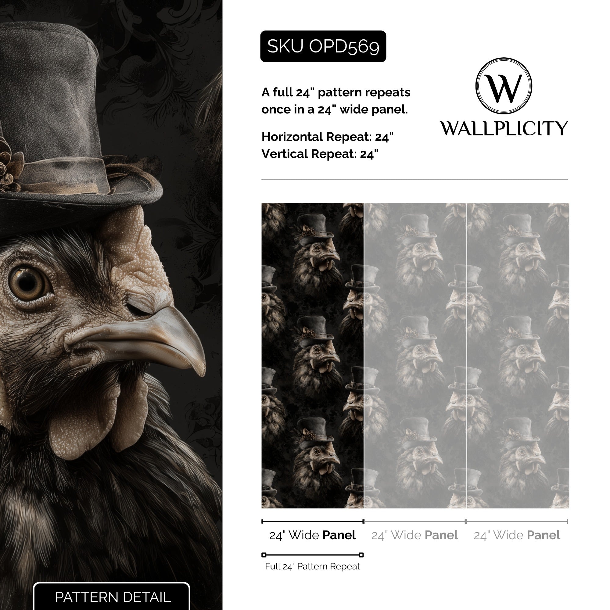 Dapper Hen wallpaper pattern detail and repeat size
