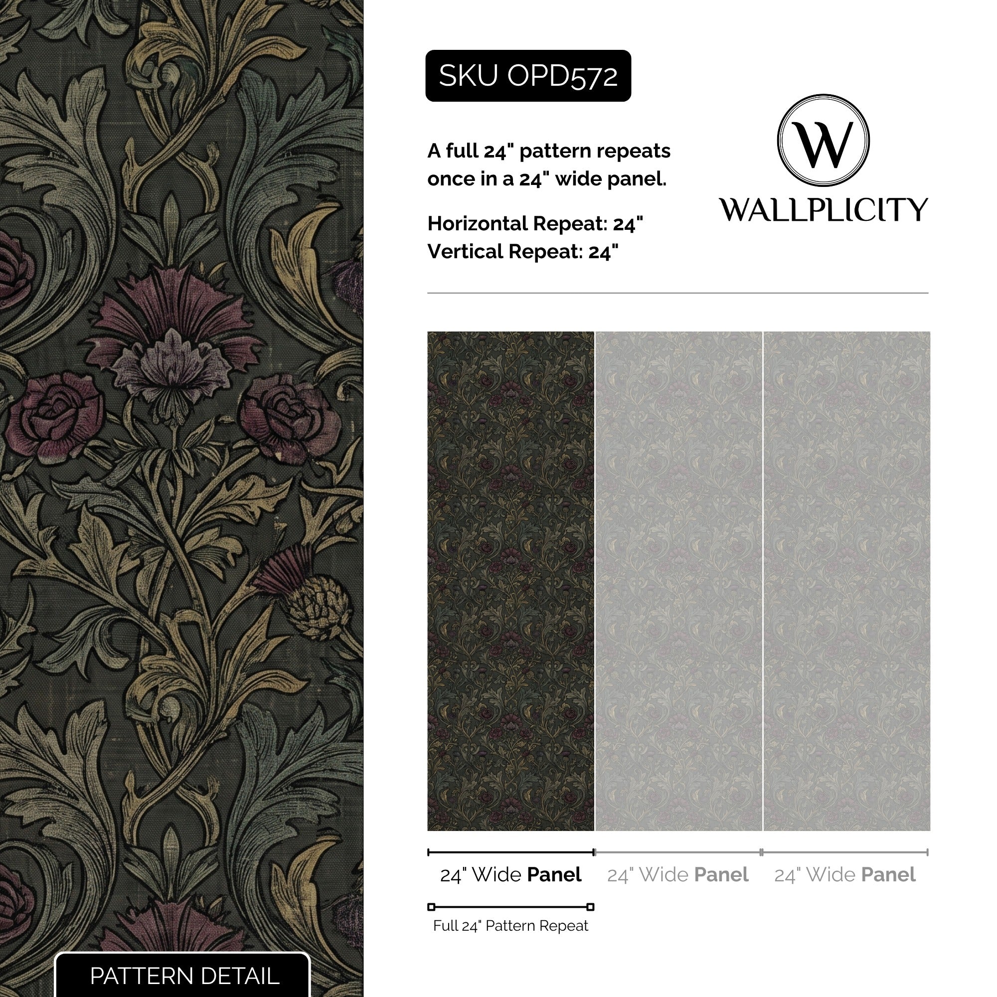 Morris Bordeaux wallpaper pattern detail and repeat size