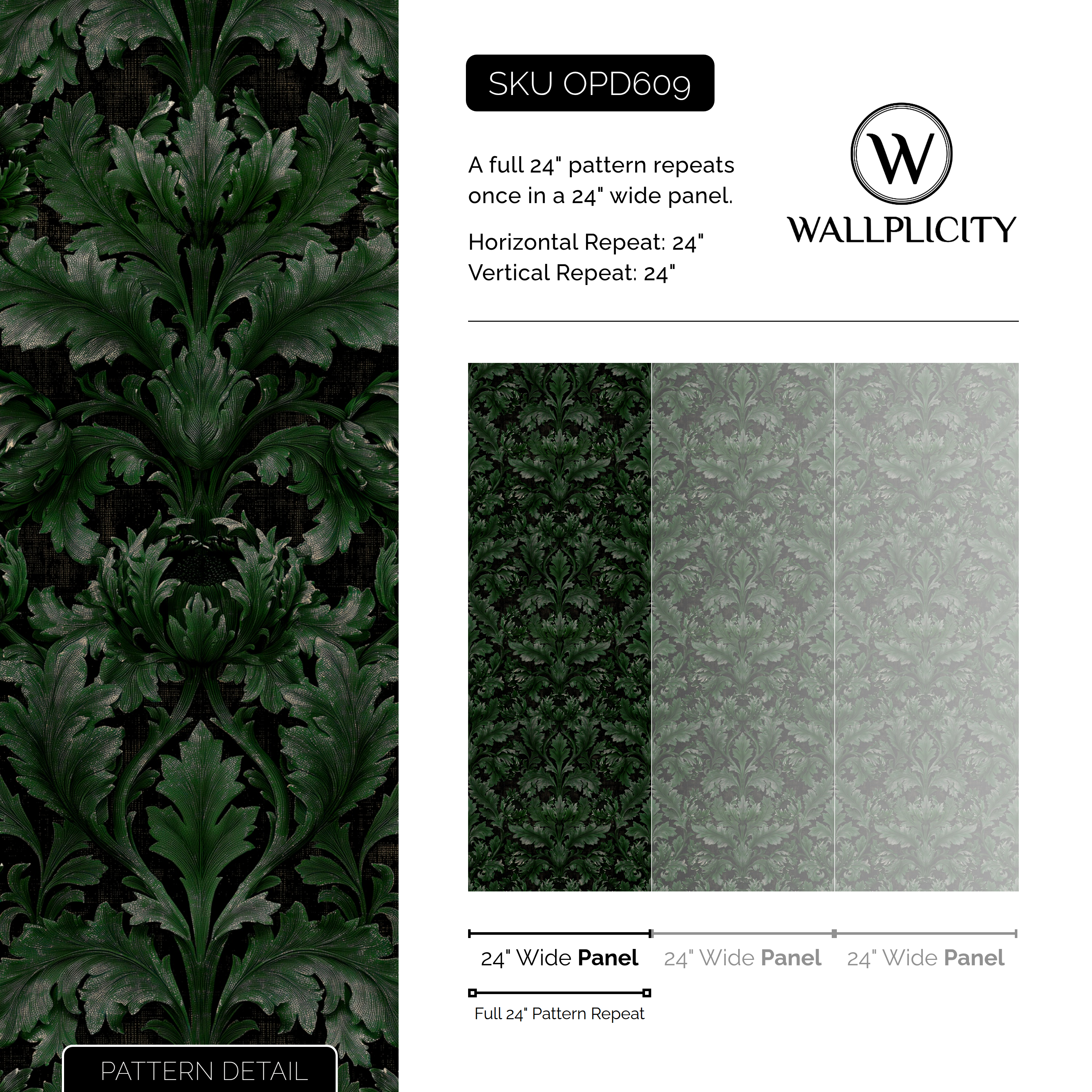 Emerald Acanthus wallpaper pattern detail and repeat size