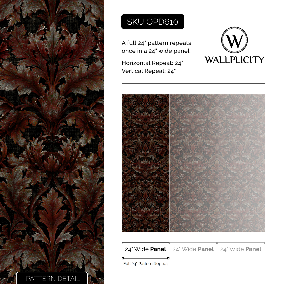 Oxblood Acanthus wallpaper pattern detail and repeat size