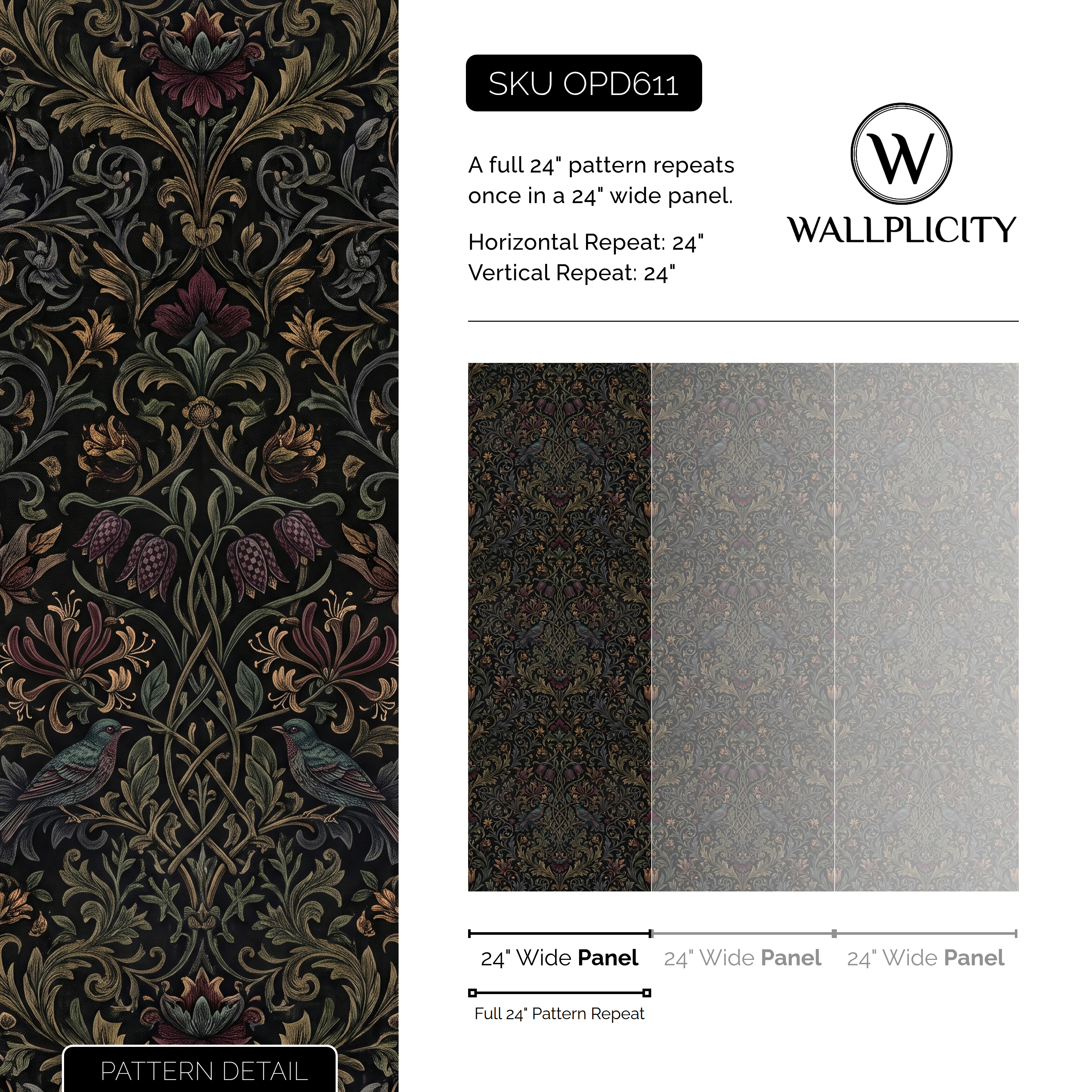 Midnight Aviary wallpaper pattern detail and repeat size