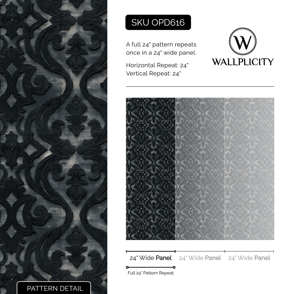 Onyx Scroll wallpaper pattern detail and repeat size