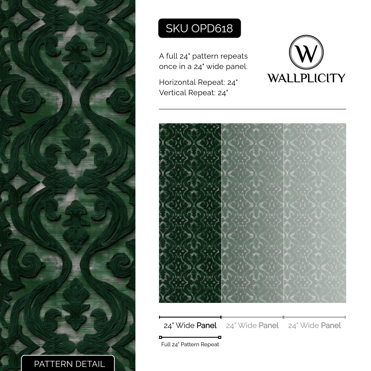 Pine Scroll wallpaper pattern detail and repeat size