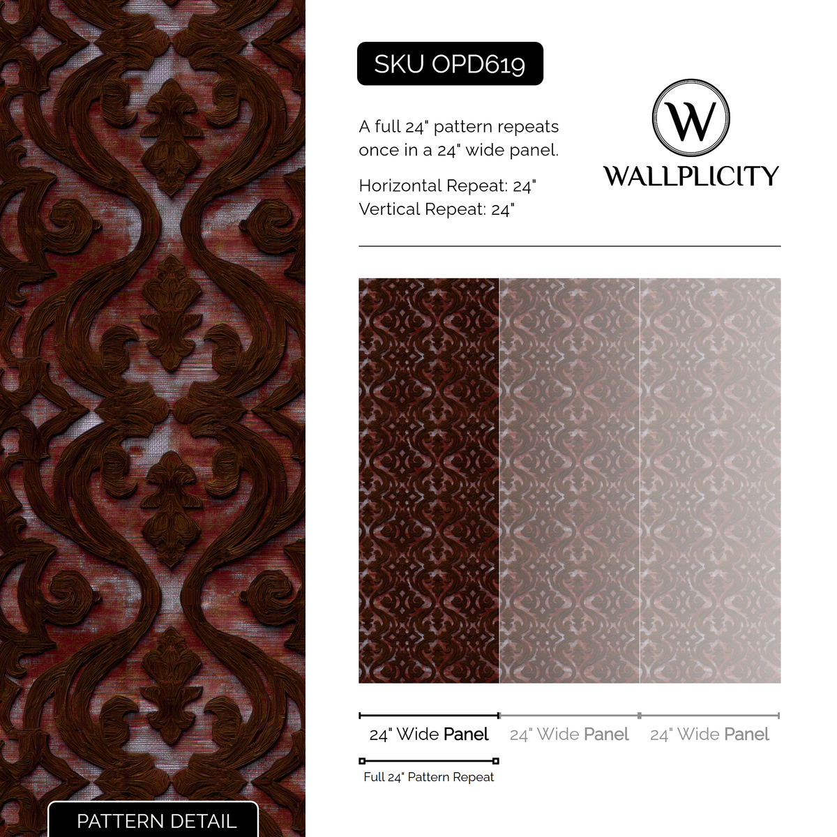 Garnet Scroll wallpaper pattern detail and repeat size