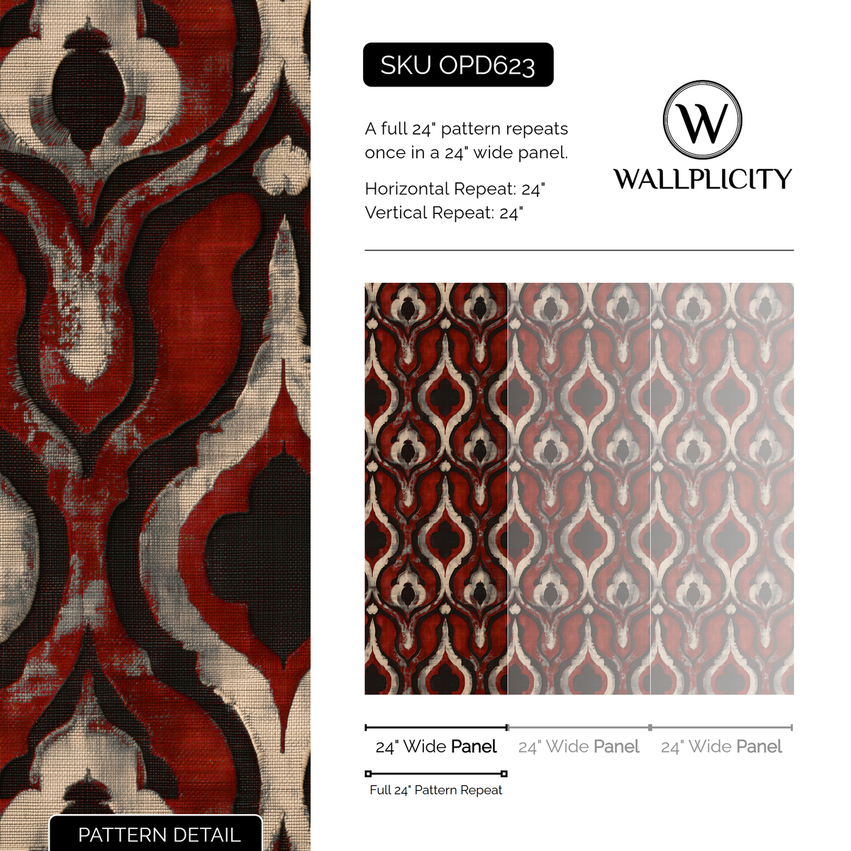Crimson Lantern wallpaper pattern detail and repeat size