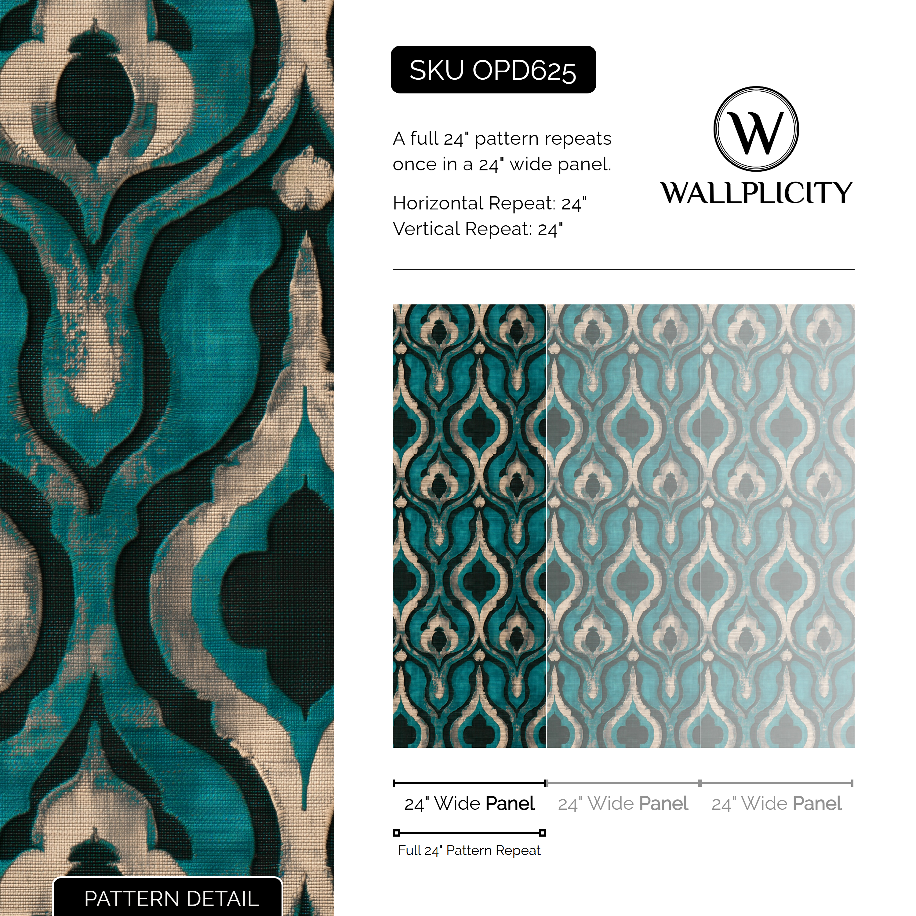 Teal Lantern wallpaper pattern detail and repeat size