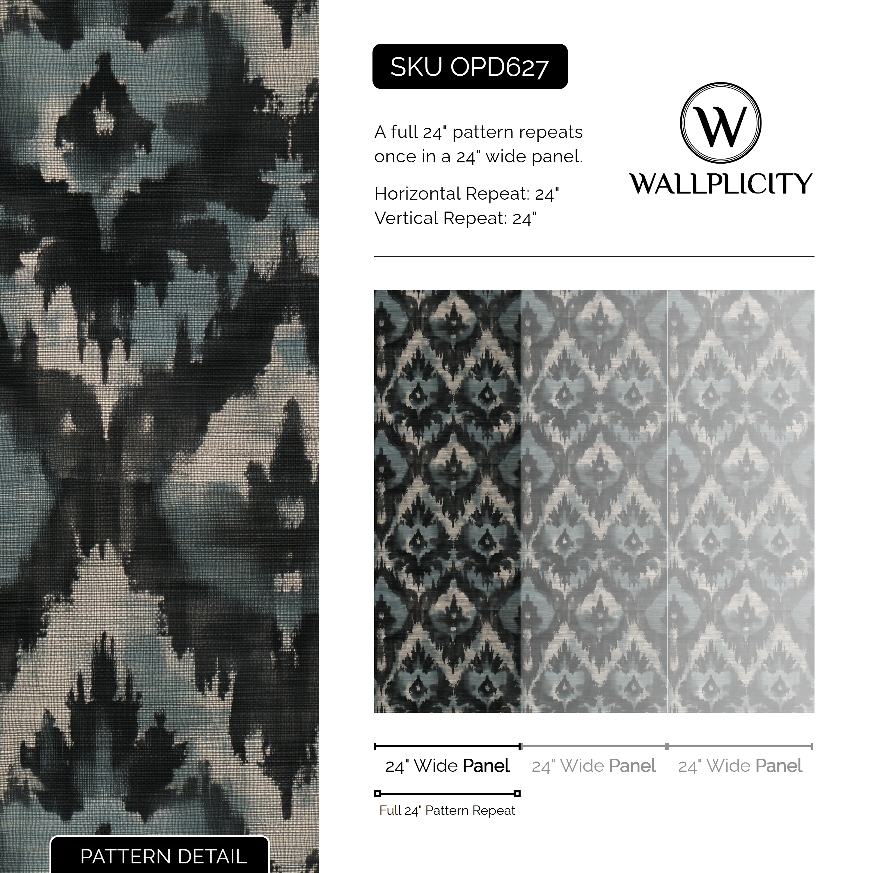 Indigo Ikat wallpaper pattern detail and repeat size