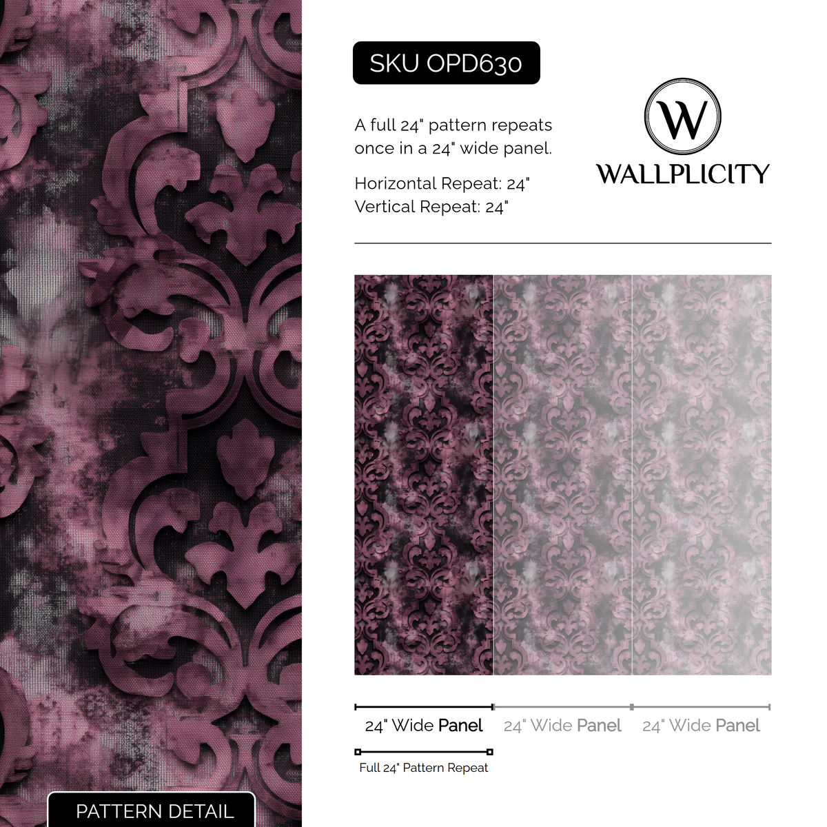 Mauve Relic wallpaper pattern detail and repeat size
