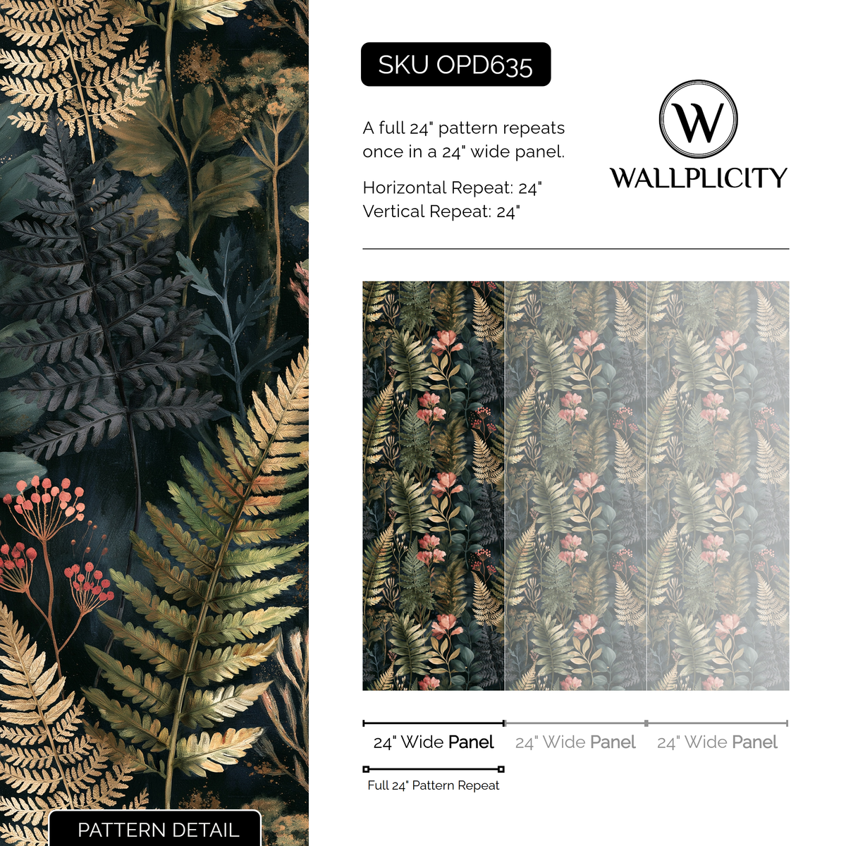 Fern Hollow wallpaper pattern detail and repeat size