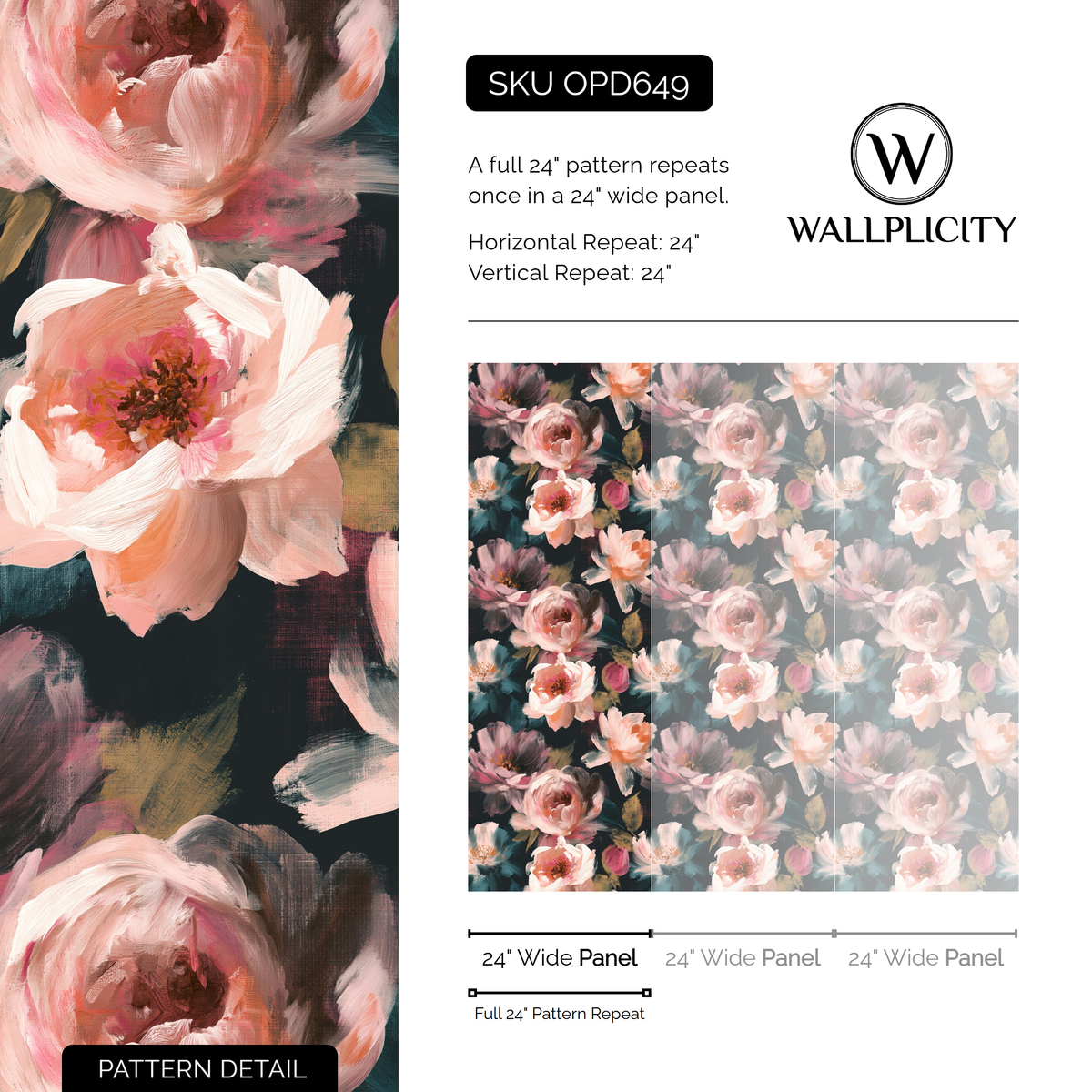 Rosewater Nocturne wallpaper pattern detail and repeat size