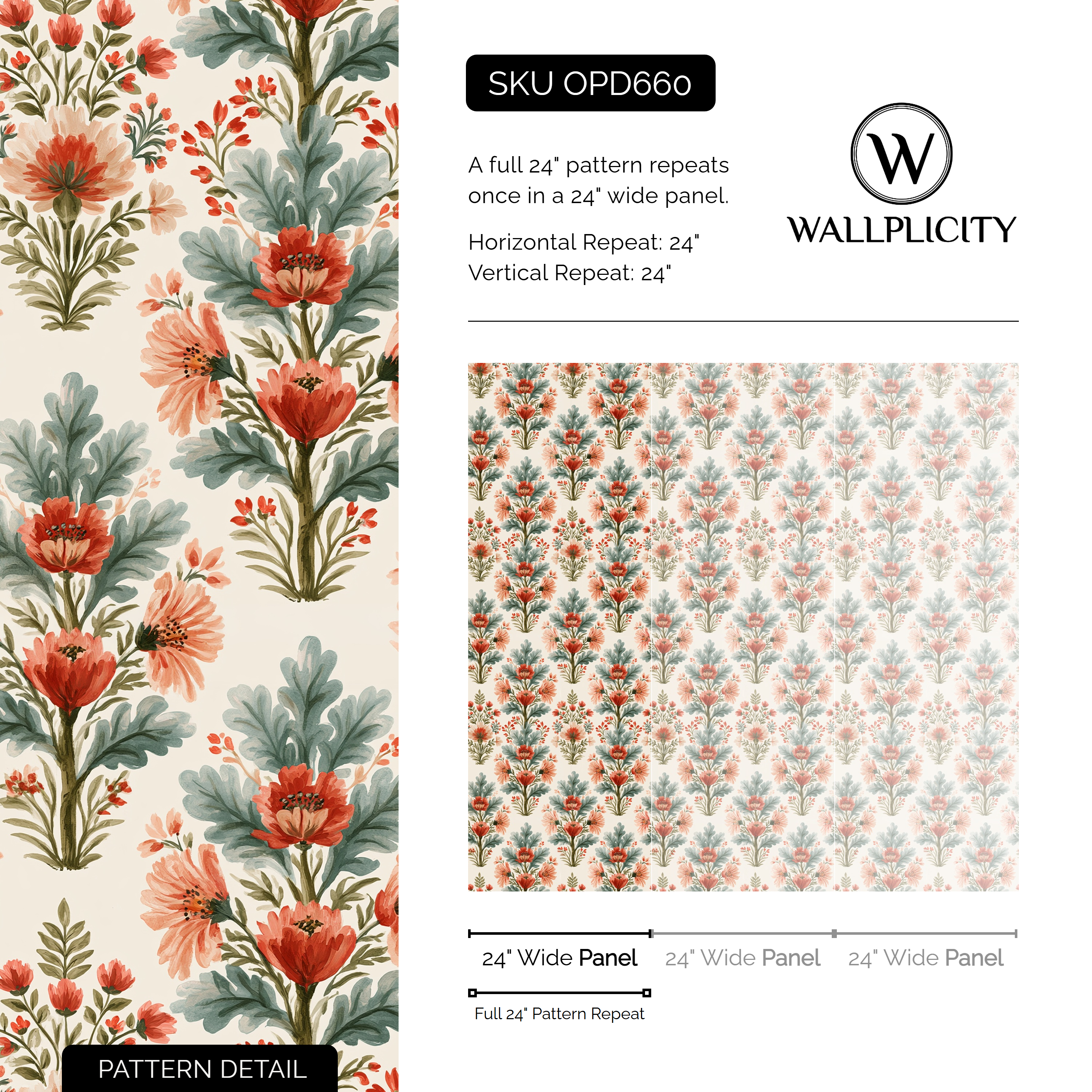 Coral Sprig wallpaper pattern detail and repeat size