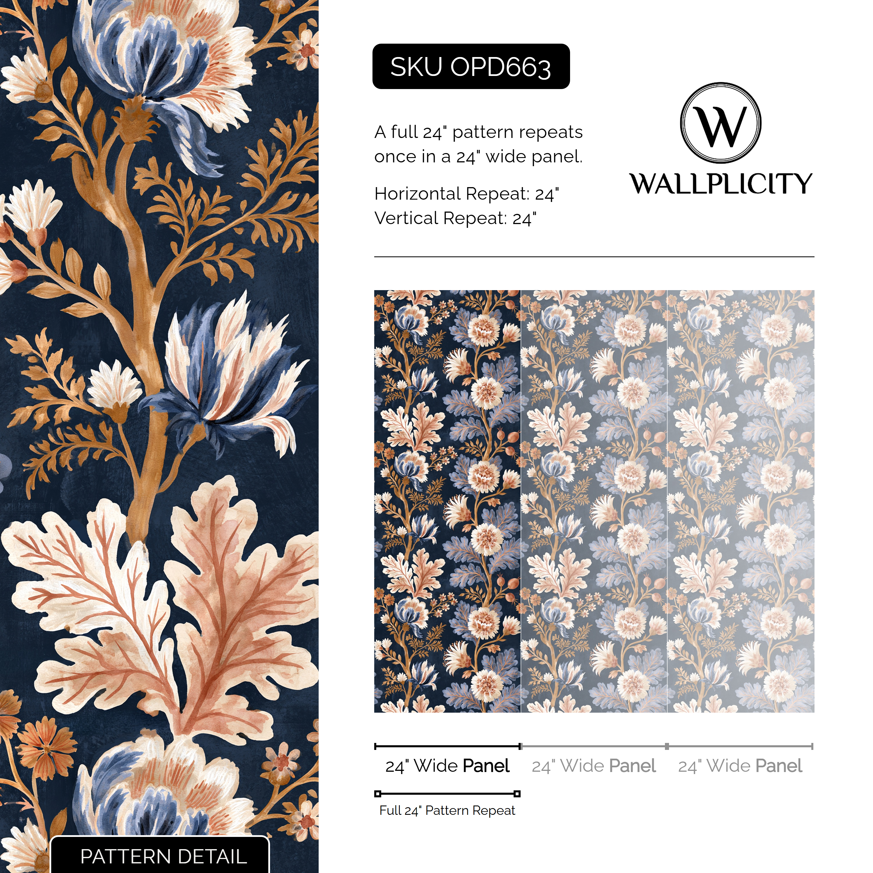 Midnight Indienne wallpaper pattern detail and repeat size