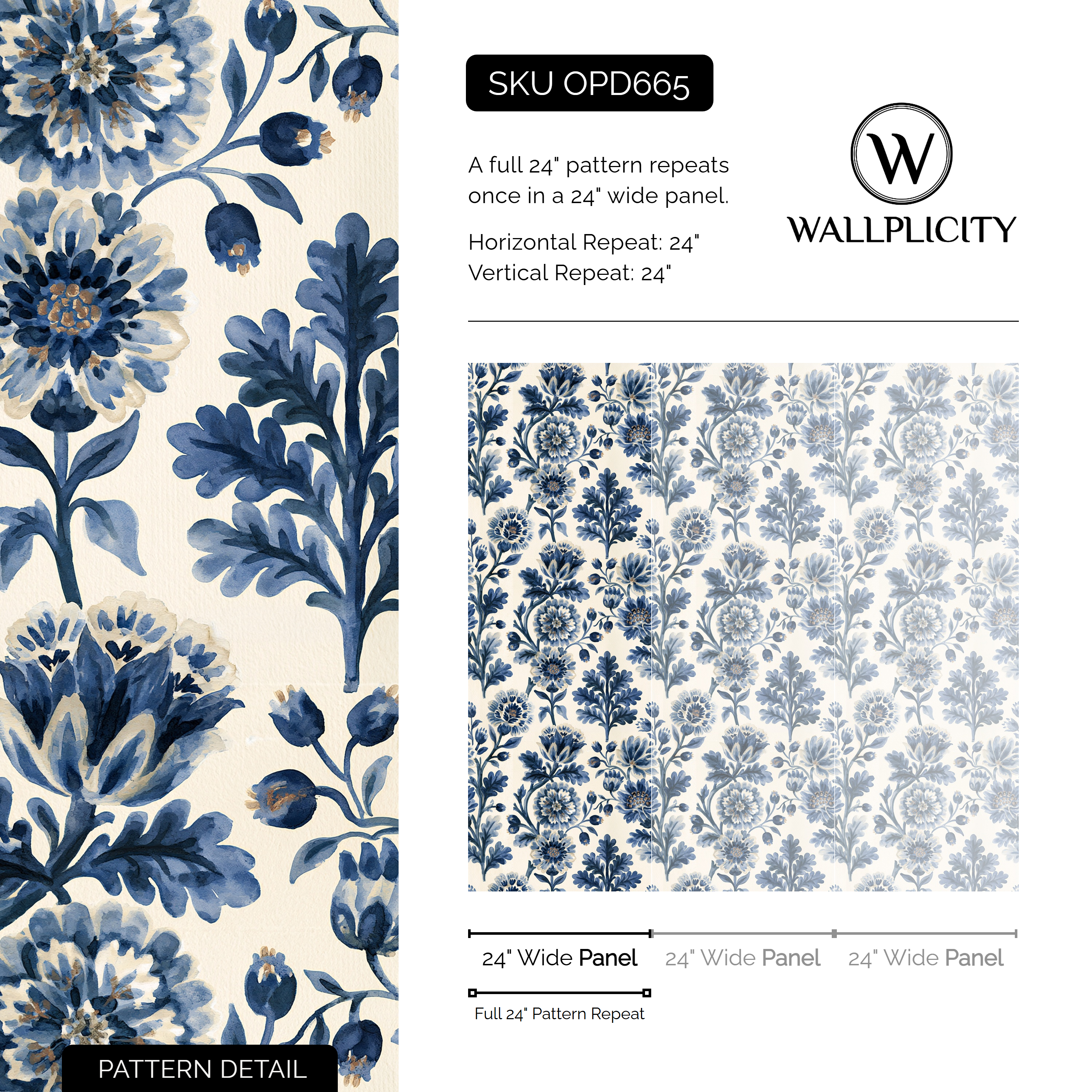 Porcelain Blue wallpaper pattern detail and repeat size