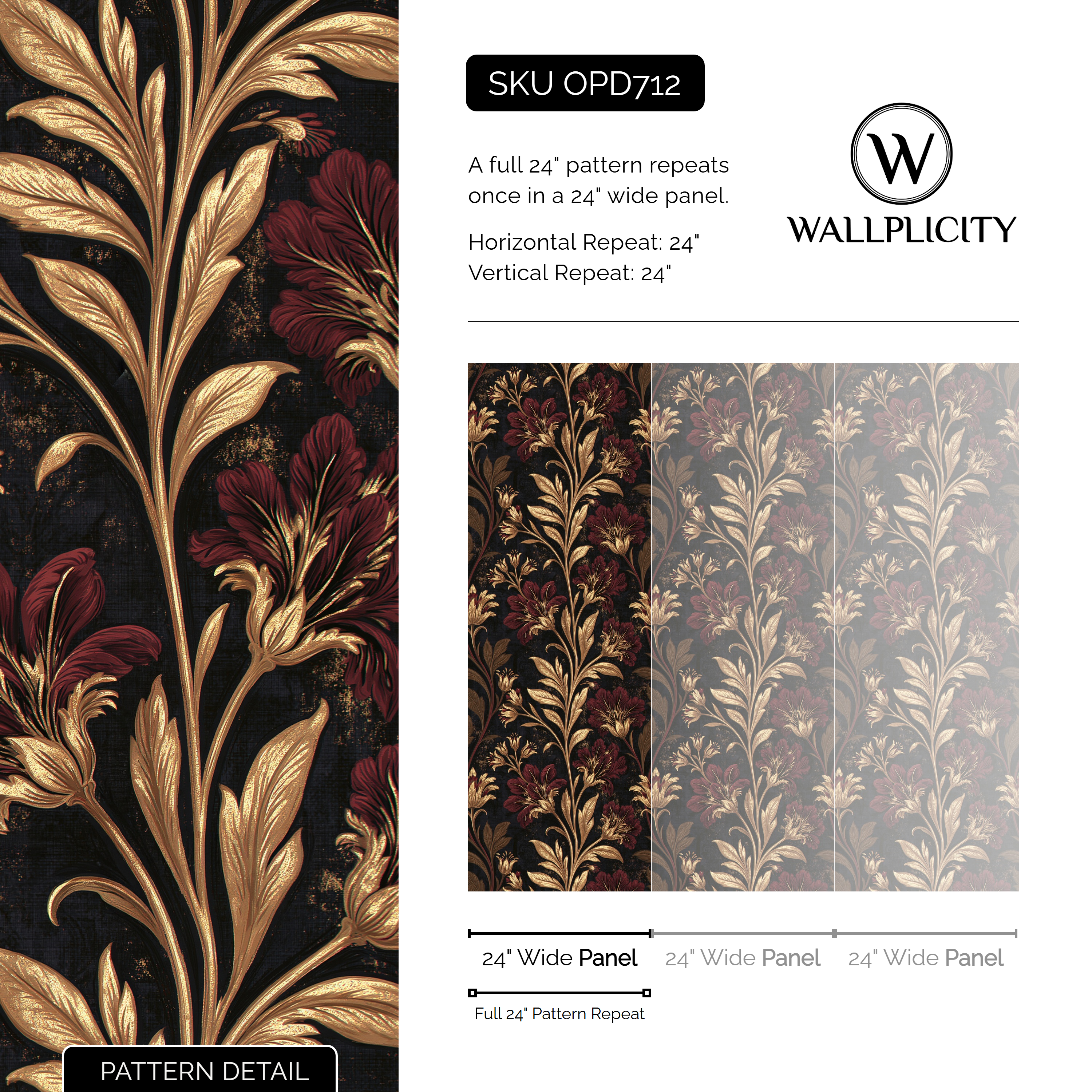 Copper Vespers wallpaper pattern detail and repeat size