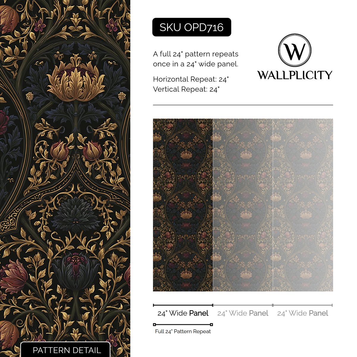 Chalice Damask wallpaper pattern detail and repeat size