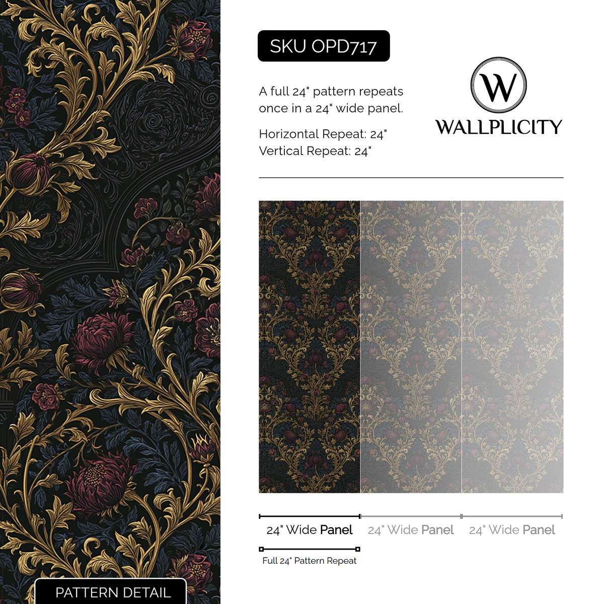 Abbey Gilt wallpaper pattern detail and repeat size