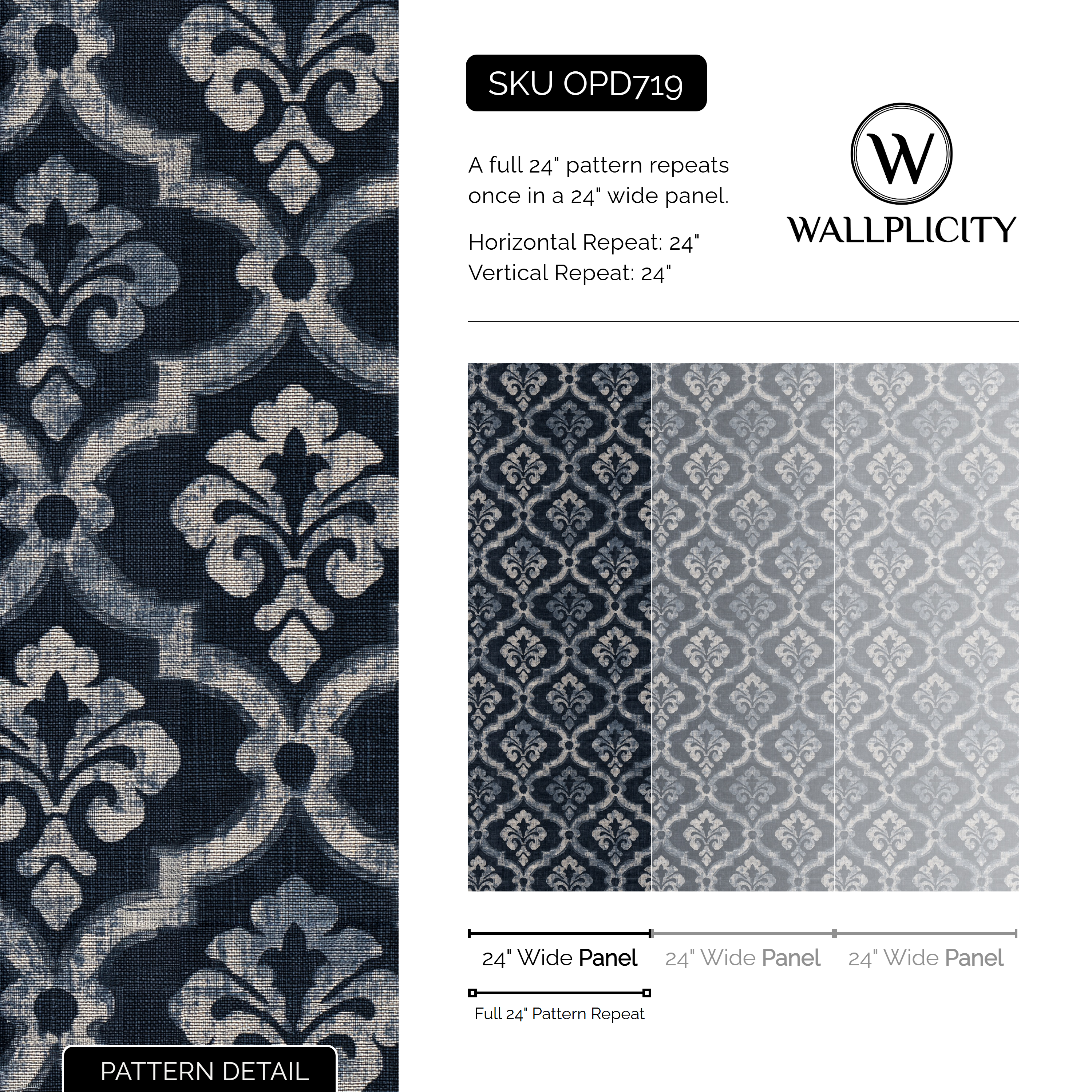Indigo Fleur wallpaper pattern detail and repeat size