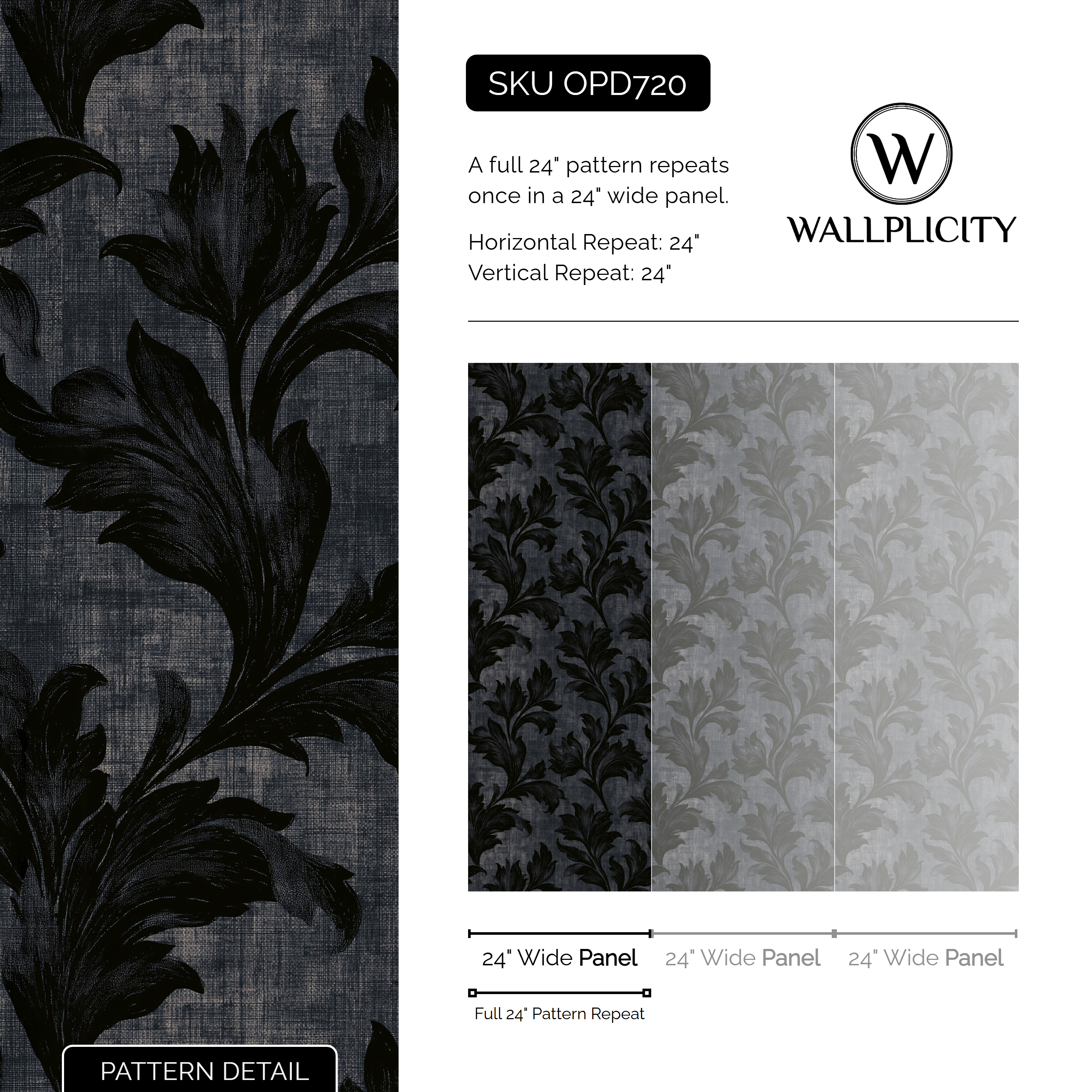 Nightfall Acanthus wallpaper pattern detail and repeat size