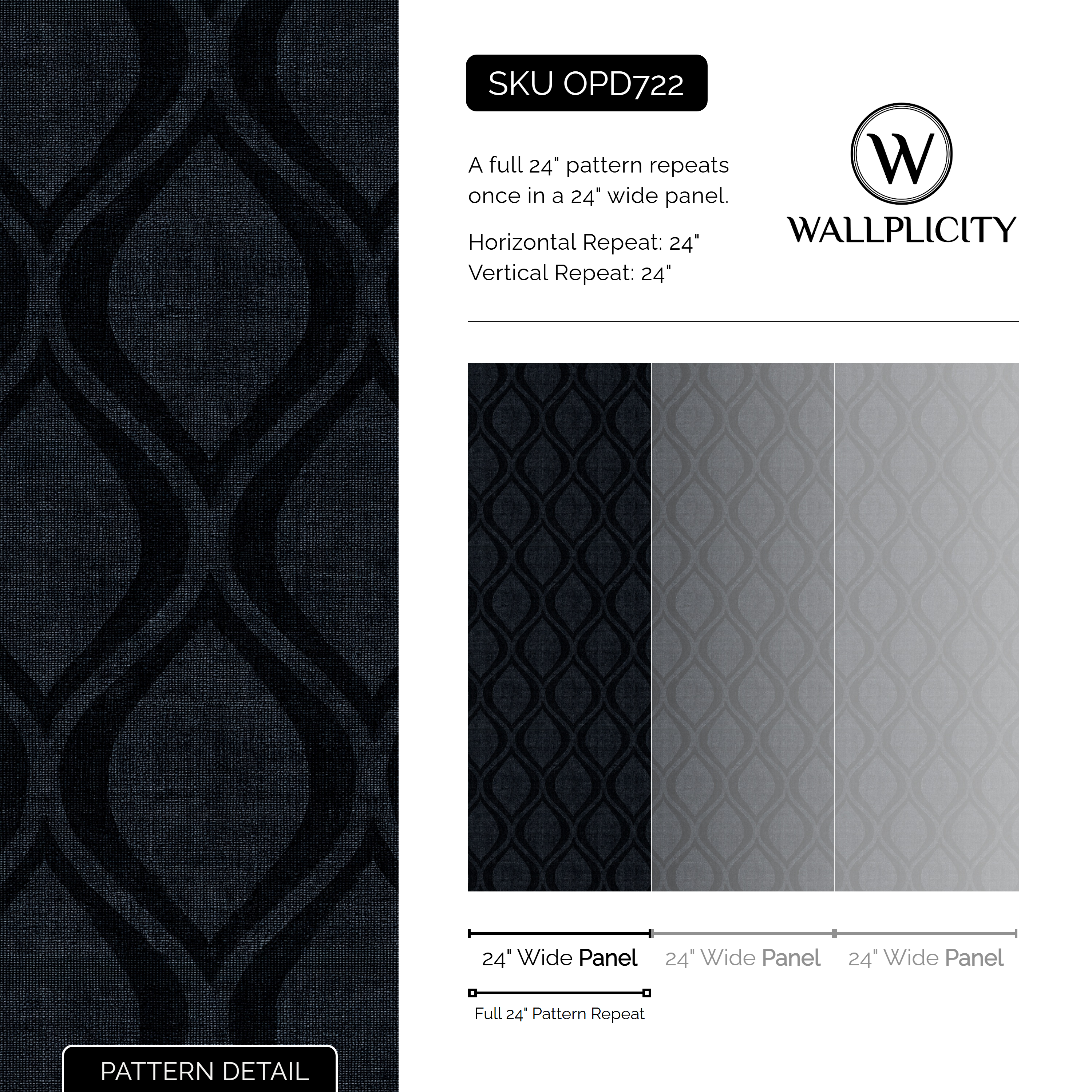 Midnight Ogee wallpaper pattern detail and repeat size