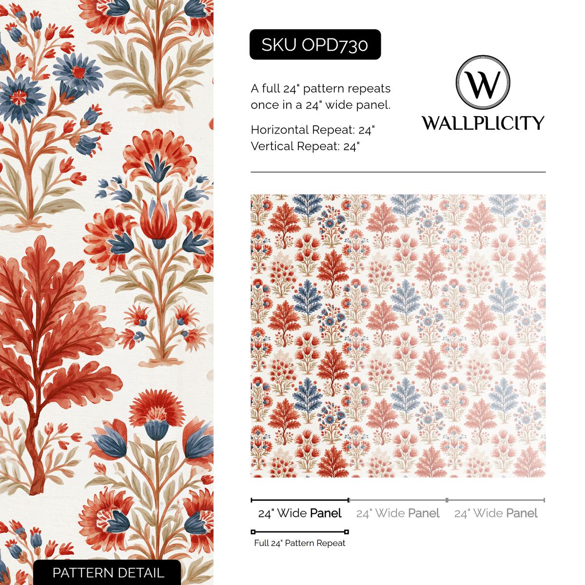 Folk Bloom wallpaper pattern detail and repeat size