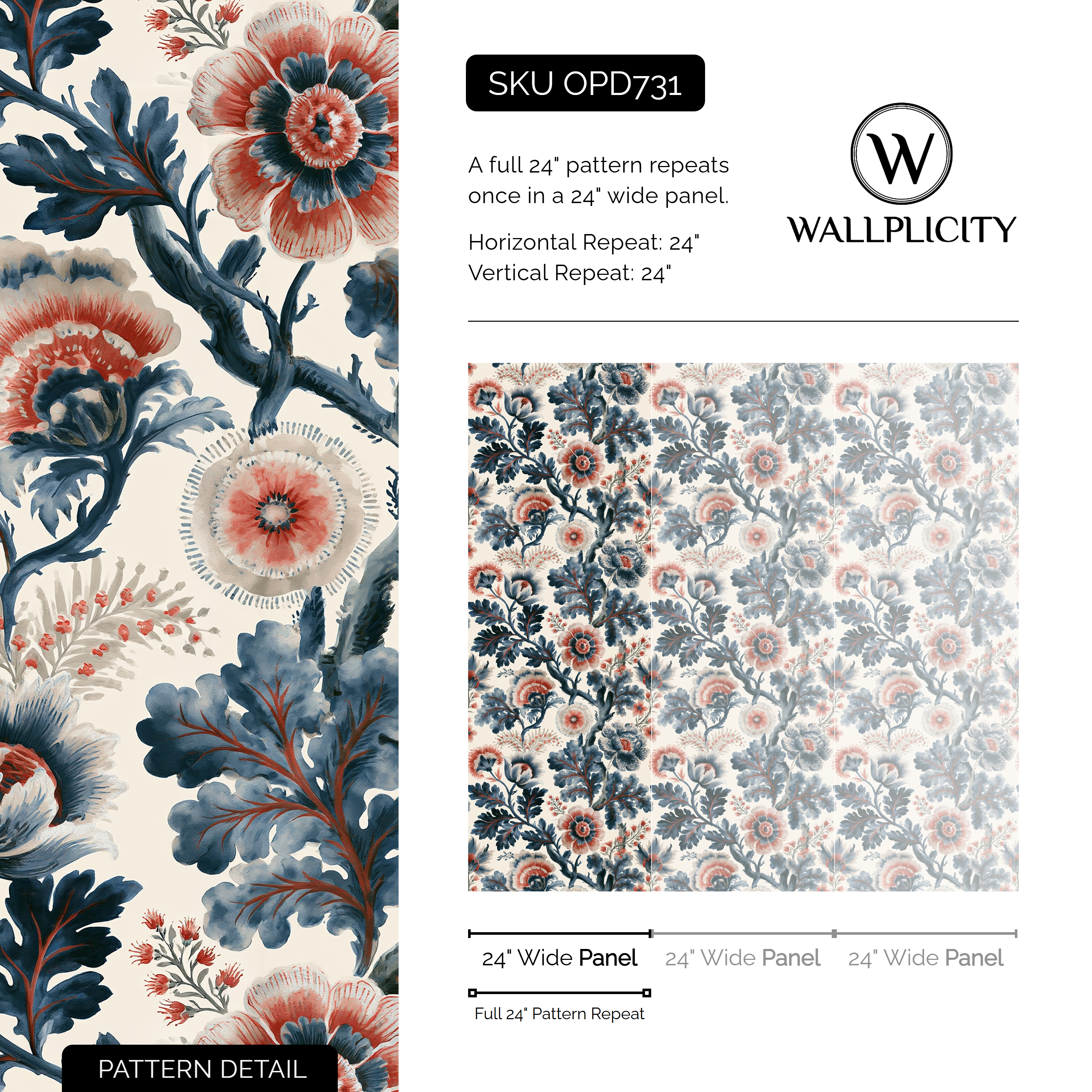 Jacobean Night wallpaper pattern detail and repeat size