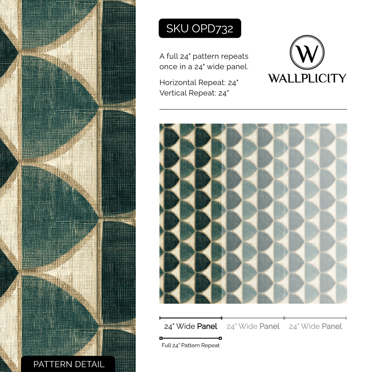 Verdigris Halfmoon wallpaper pattern detail and repeat size
