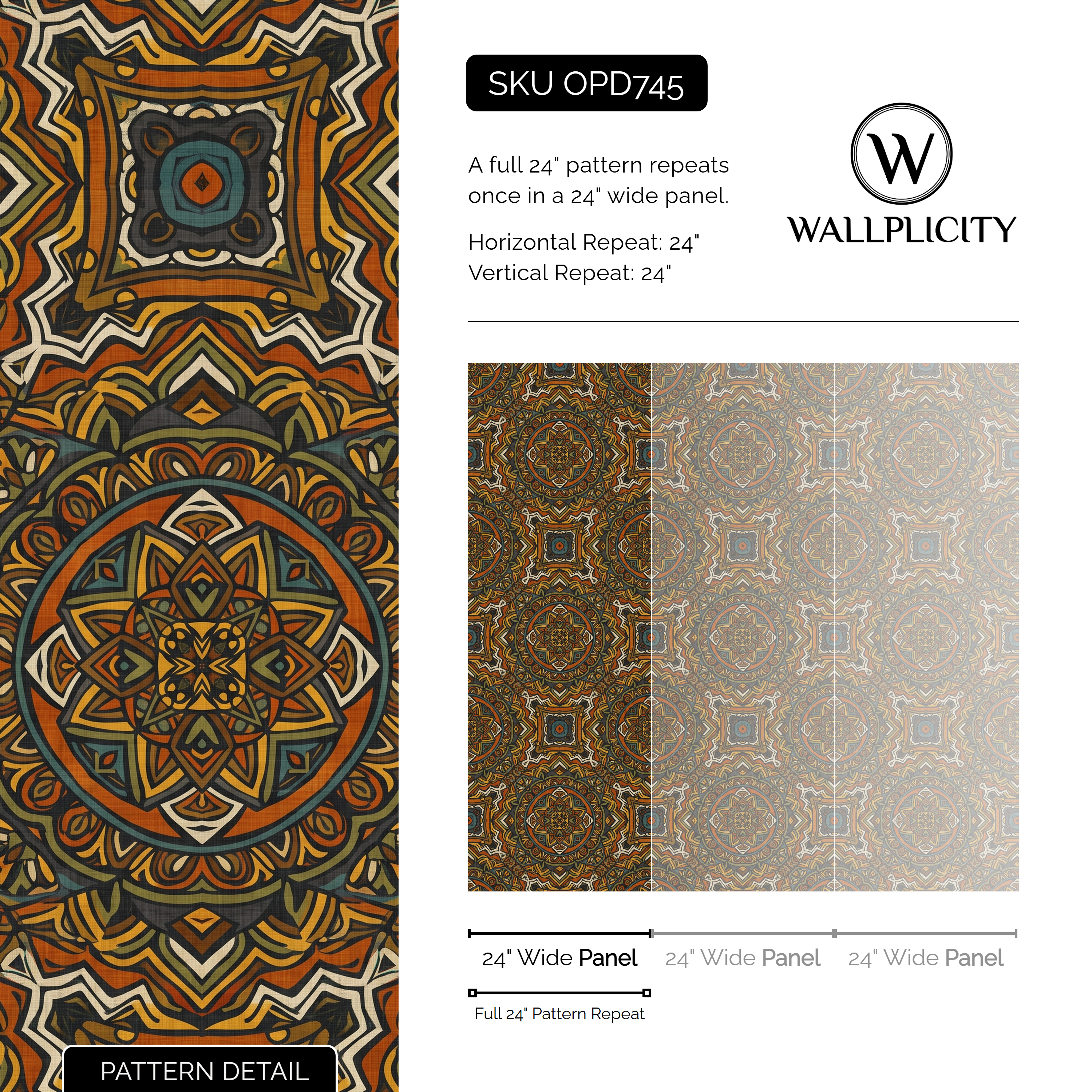Caravan Mandala wallpaper pattern detail and repeat size