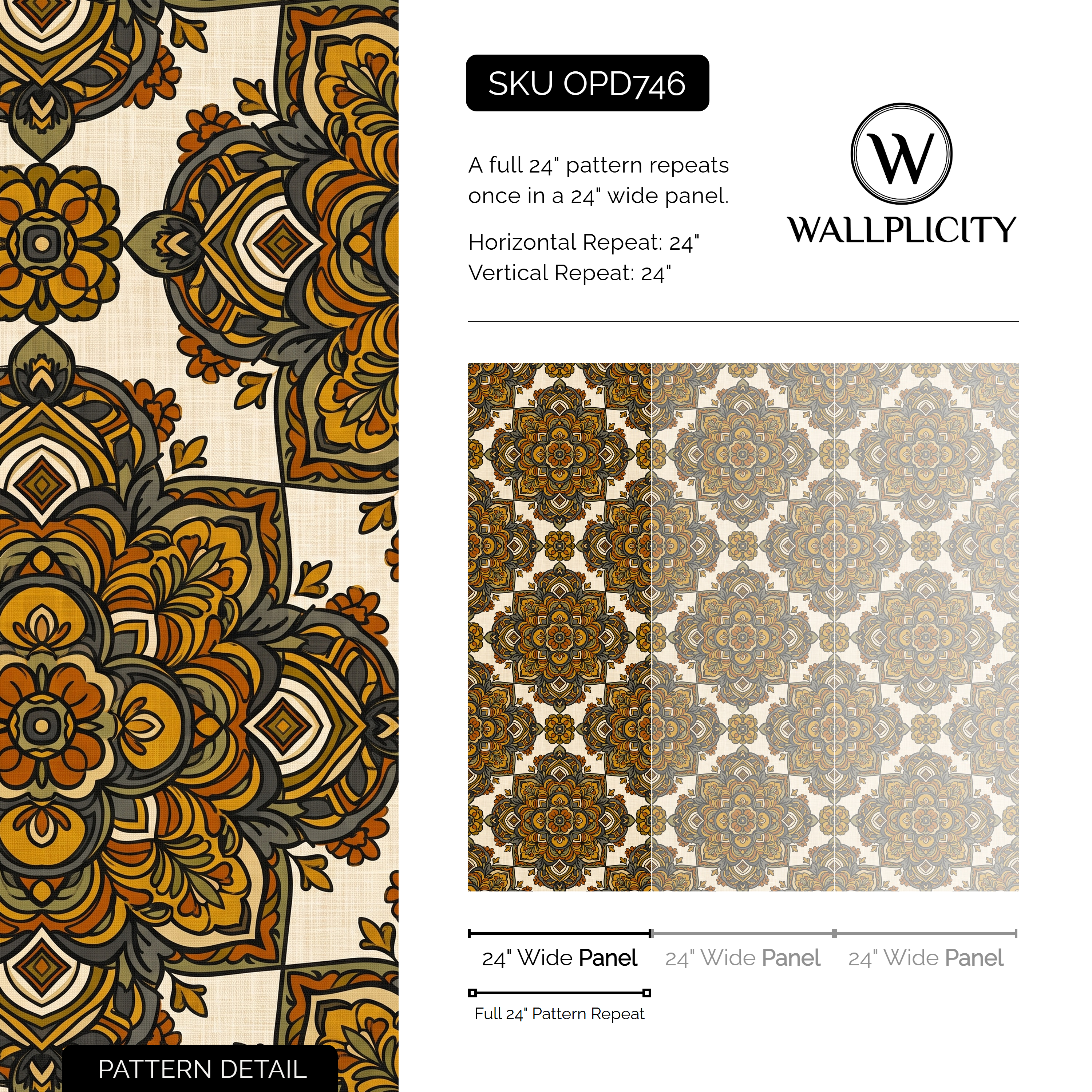 Saffron Mandala wallpaper pattern detail and repeat size