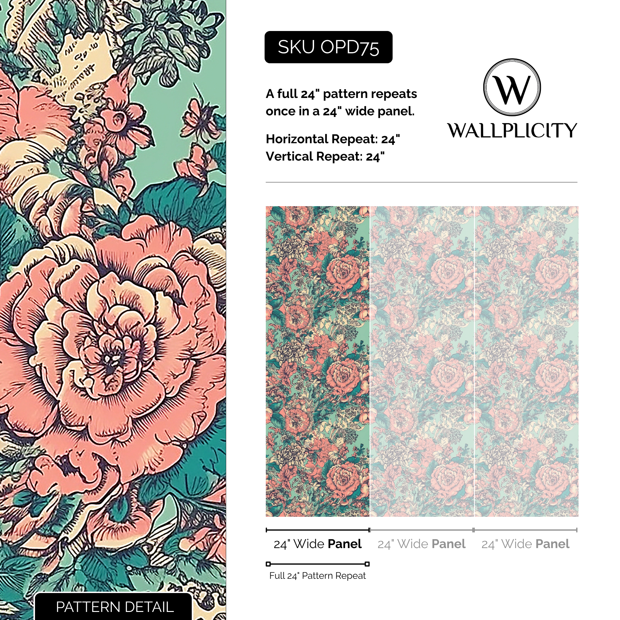 Coral Toile wallpaper pattern detail and repeat size